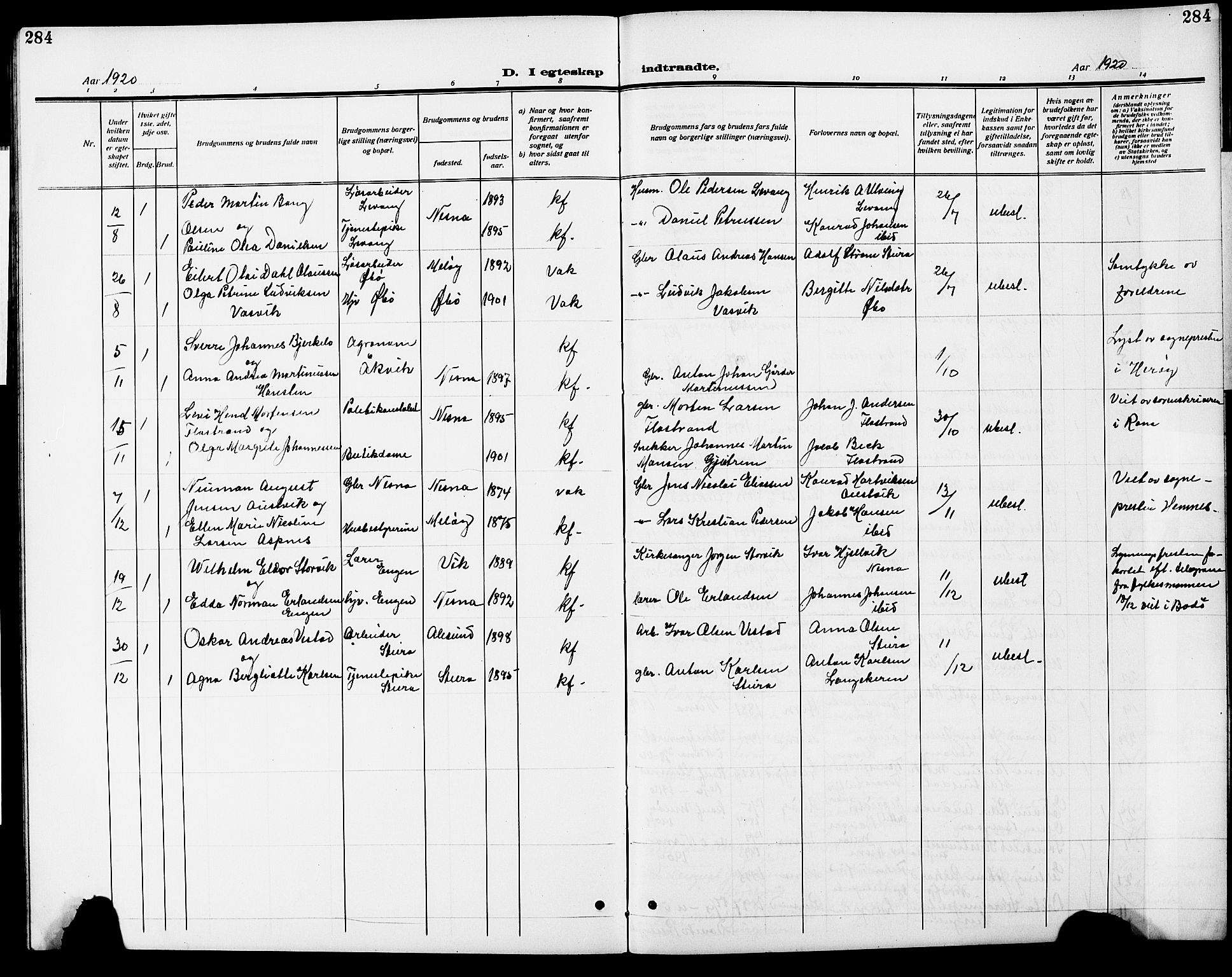 Ministerialprotokoller, klokkerbøker og fødselsregistre - Nordland, AV/SAT-A-1459/838/L0560: Parish register (copy) no. 838C07, 1910-1928, p. 284