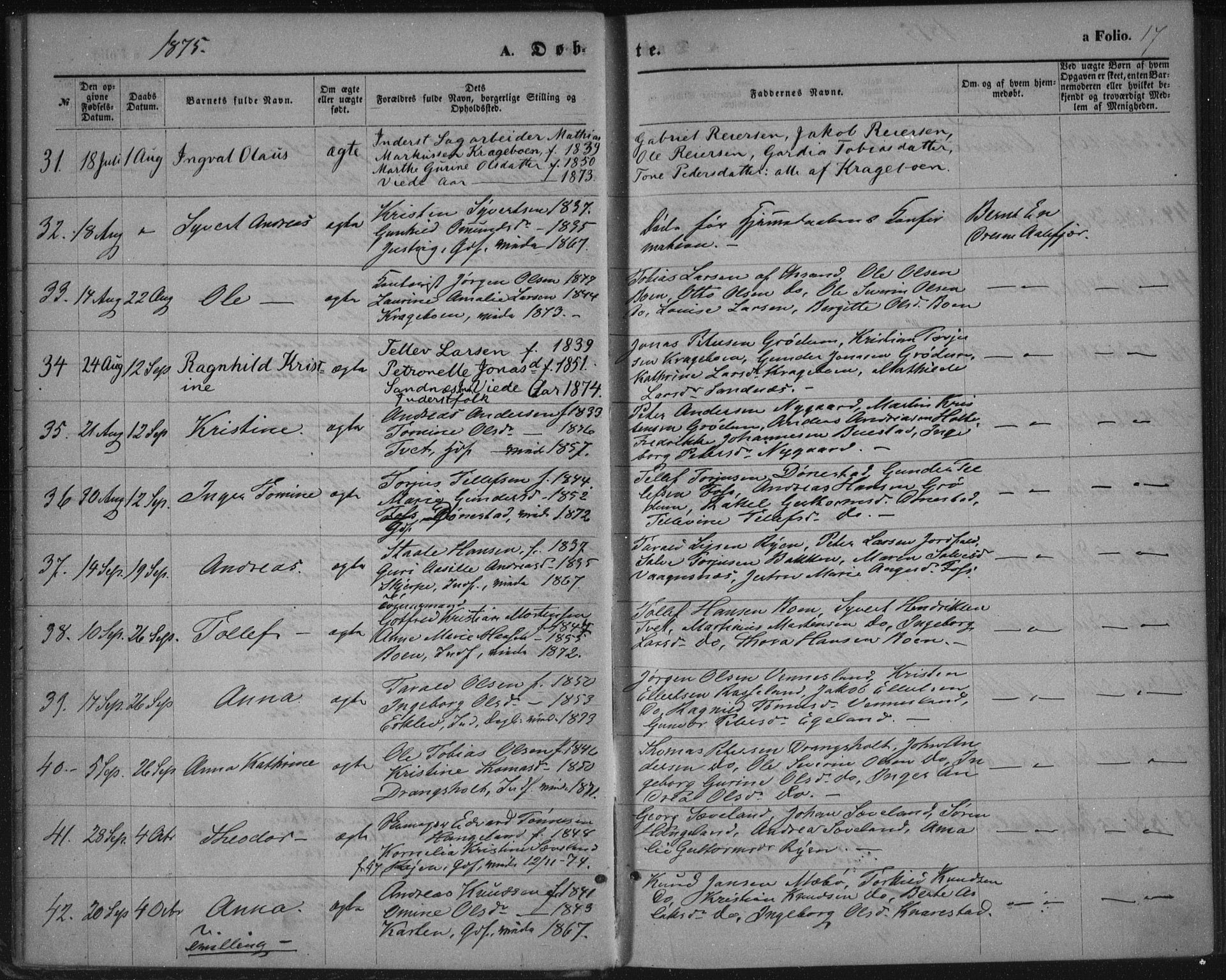 Tveit sokneprestkontor, AV/SAK-1111-0043/F/Fa/L0006: Parish register (official) no. A 6, 1872-1886, p. 17