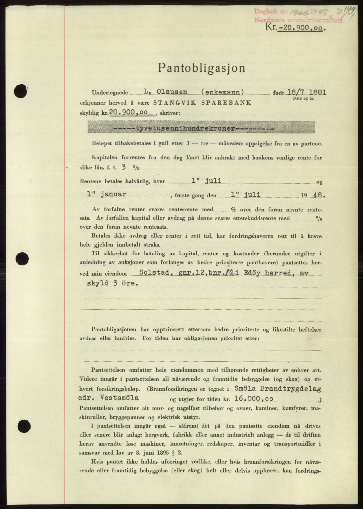 Nordmøre sorenskriveri, AV/SAT-A-4132/1/2/2Ca: Mortgage book no. B99, 1948-1948, Diary no: : 1966/1948