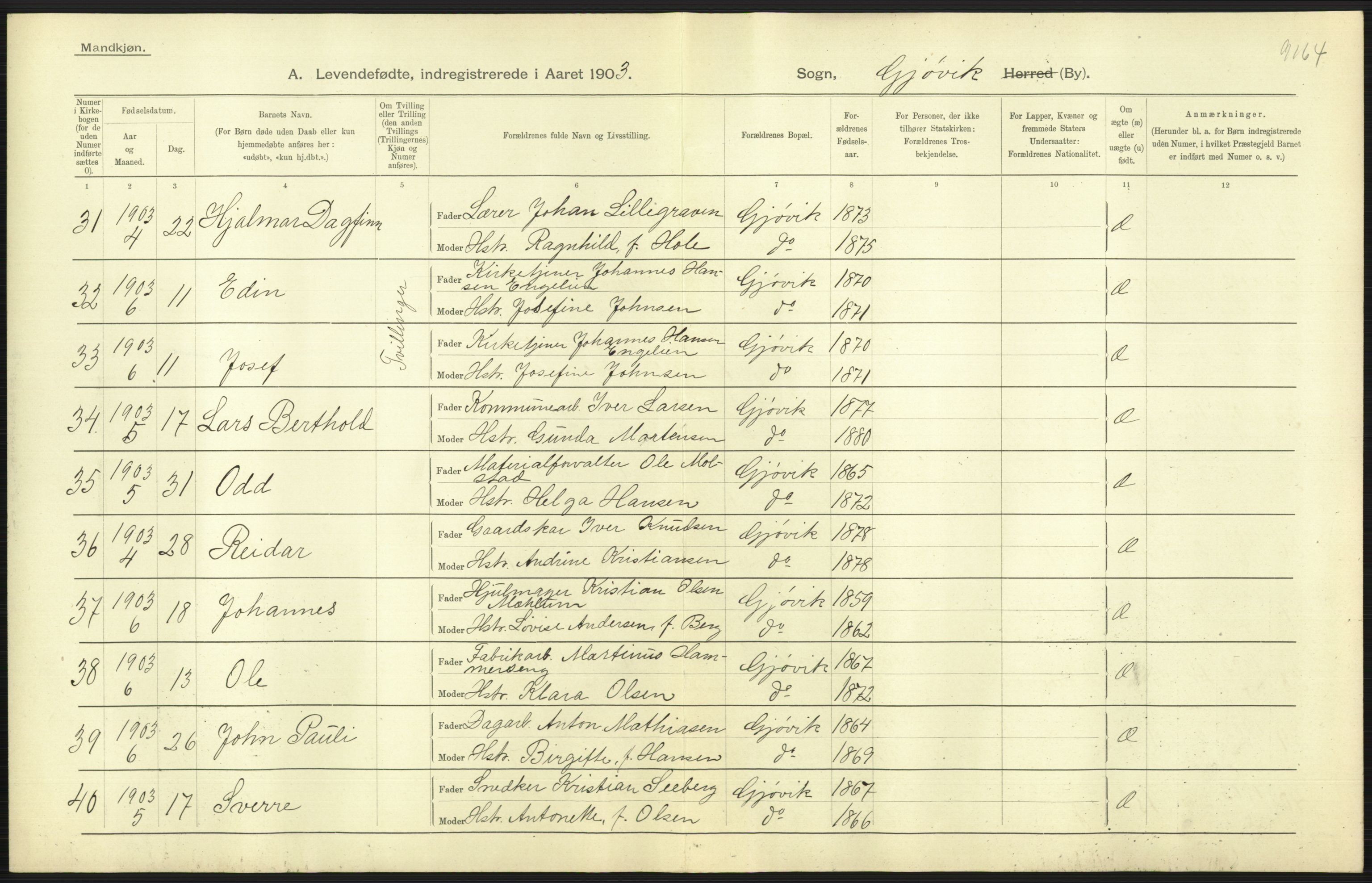 Statistisk sentralbyrå, Sosiodemografiske emner, Befolkning, AV/RA-S-2228/D/Df/Dfa/Dfaa/L0006: Kristians amt: Fødte, gifte, døde, 1903, p. 397