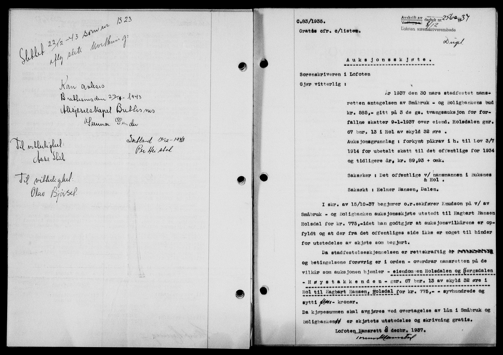 Lofoten sorenskriveri, SAT/A-0017/1/2/2C/L0003a: Mortgage book no. 3a, 1937-1938, Diary no: : 2560/1937