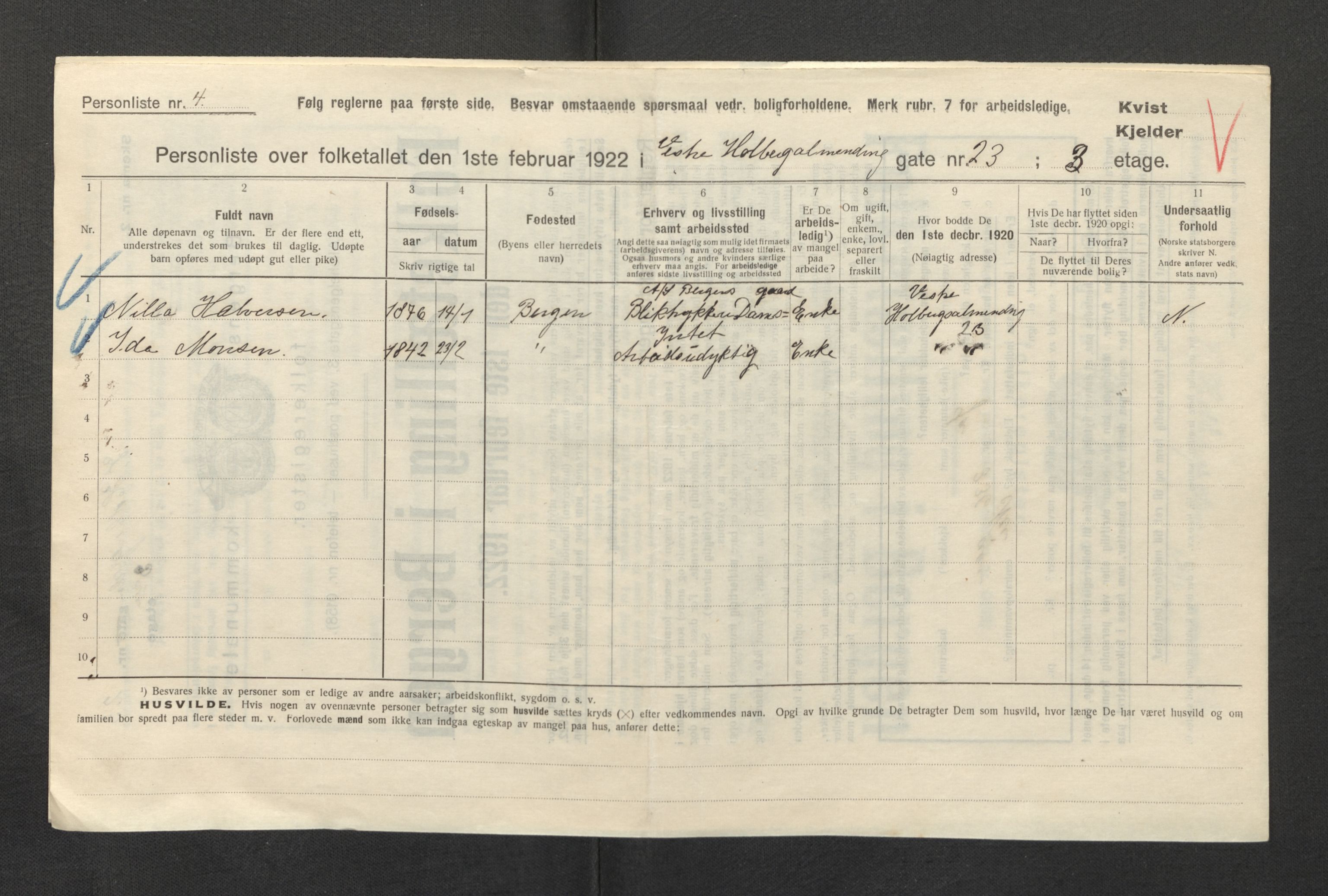 SAB, Municipal Census 1922 for Bergen, 1922, p. 15414