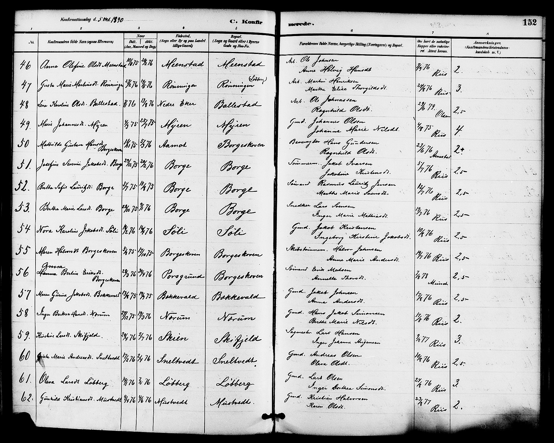 Gjerpen kirkebøker, SAKO/A-265/F/Fa/L0010: Parish register (official) no. I 10, 1886-1895, p. 152