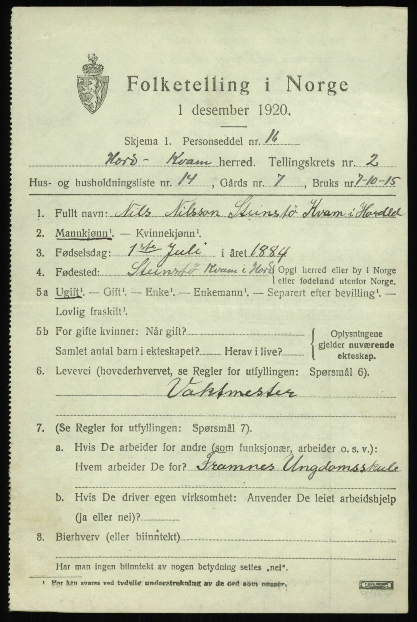 SAB, 1920 census for Kvam, 1920, p. 2001