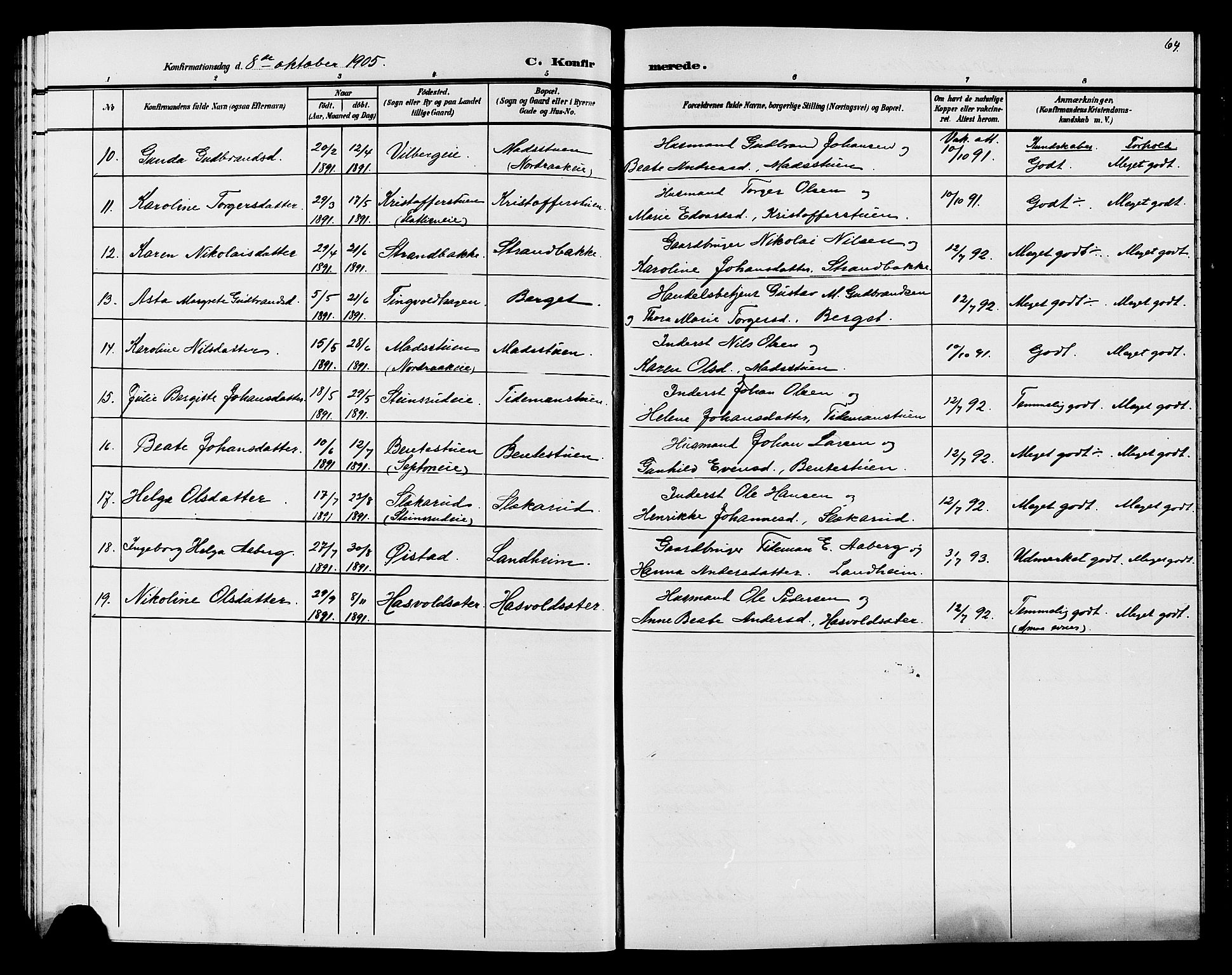 Søndre Land prestekontor, SAH/PREST-122/L/L0005: Parish register (copy) no. 5, 1902-1911, p. 64