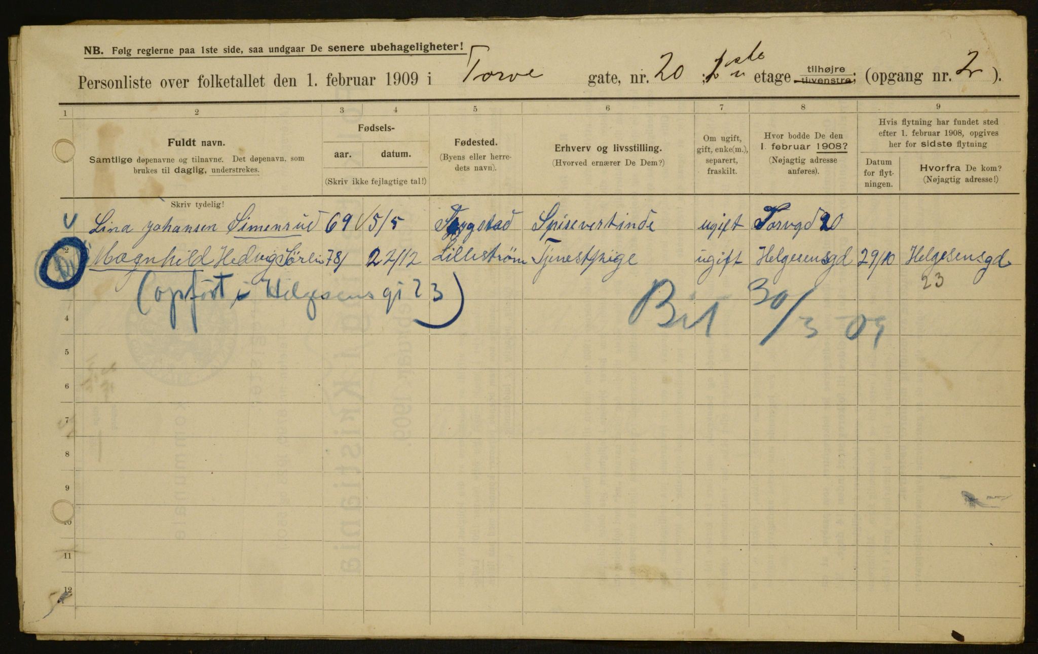 OBA, Municipal Census 1909 for Kristiania, 1909, p. 103458