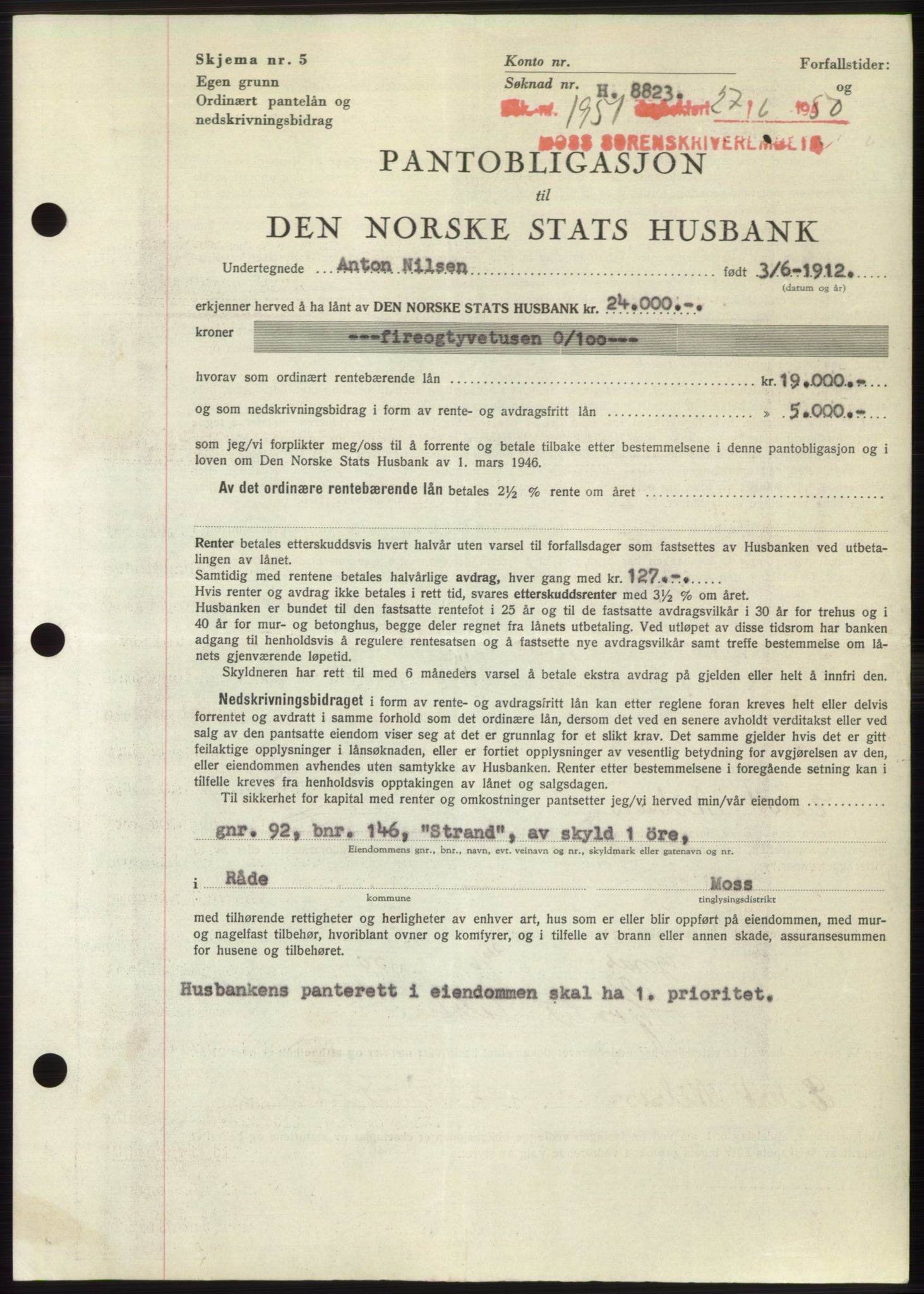 Moss sorenskriveri, AV/SAO-A-10168: Mortgage book no. B24, 1950-1950, Diary no: : 1951/1950