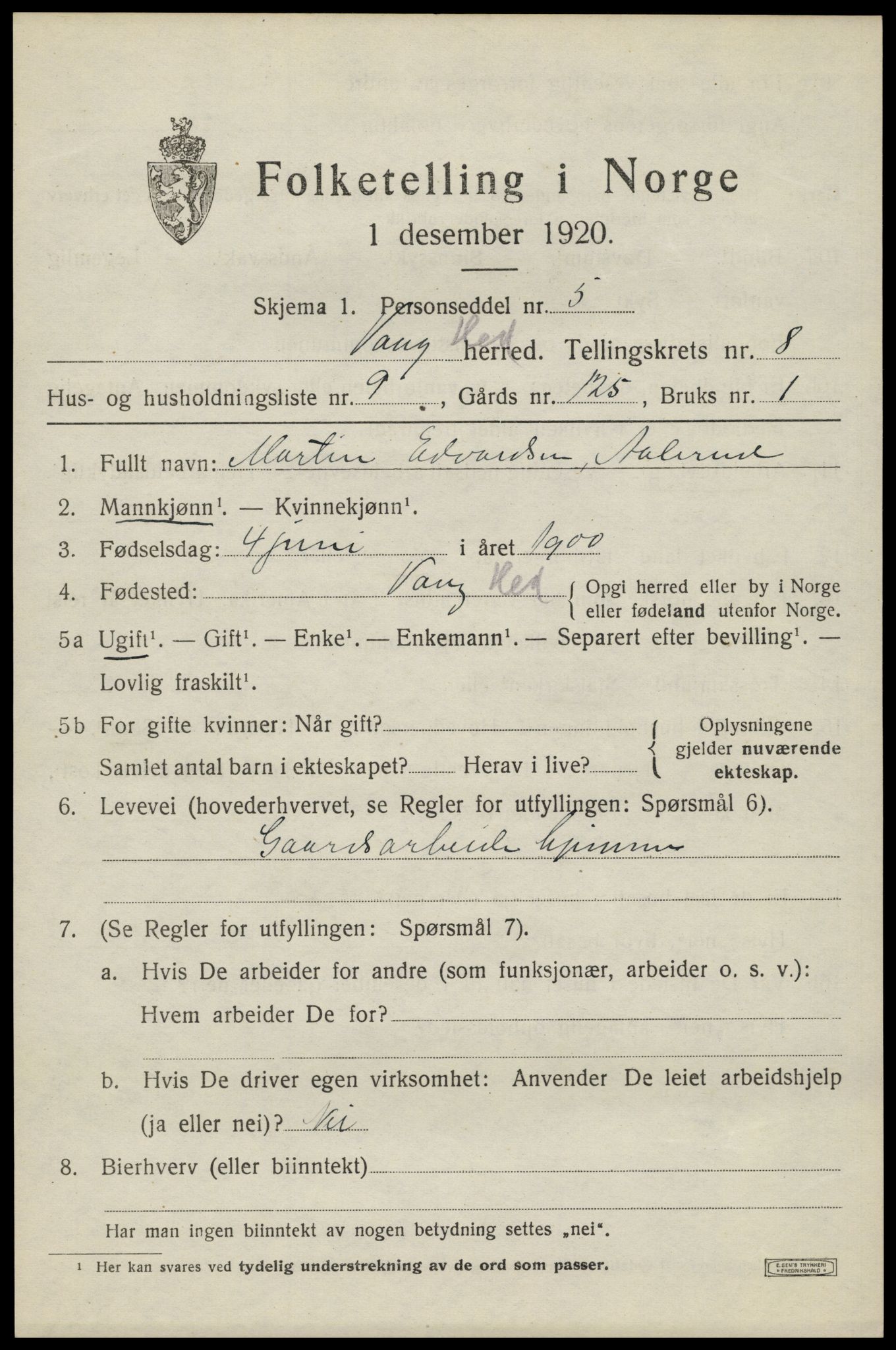 SAH, 1920 census for Vang (Hedmark), 1920, p. 17541