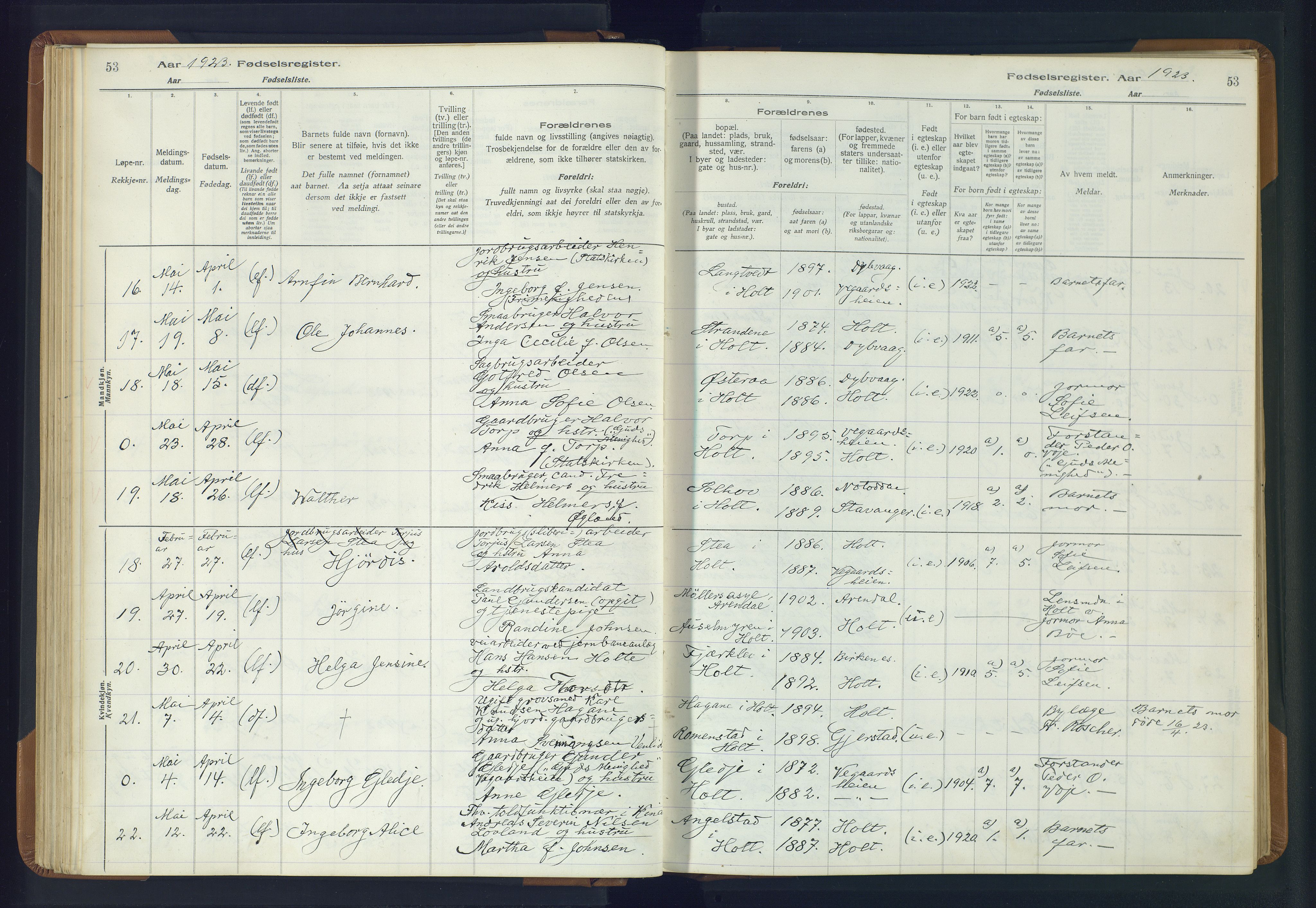 Holt sokneprestkontor, AV/SAK-1111-0021/J/Ja/L0001: Birth register no. II.4.1, 1916-1946, p. 53