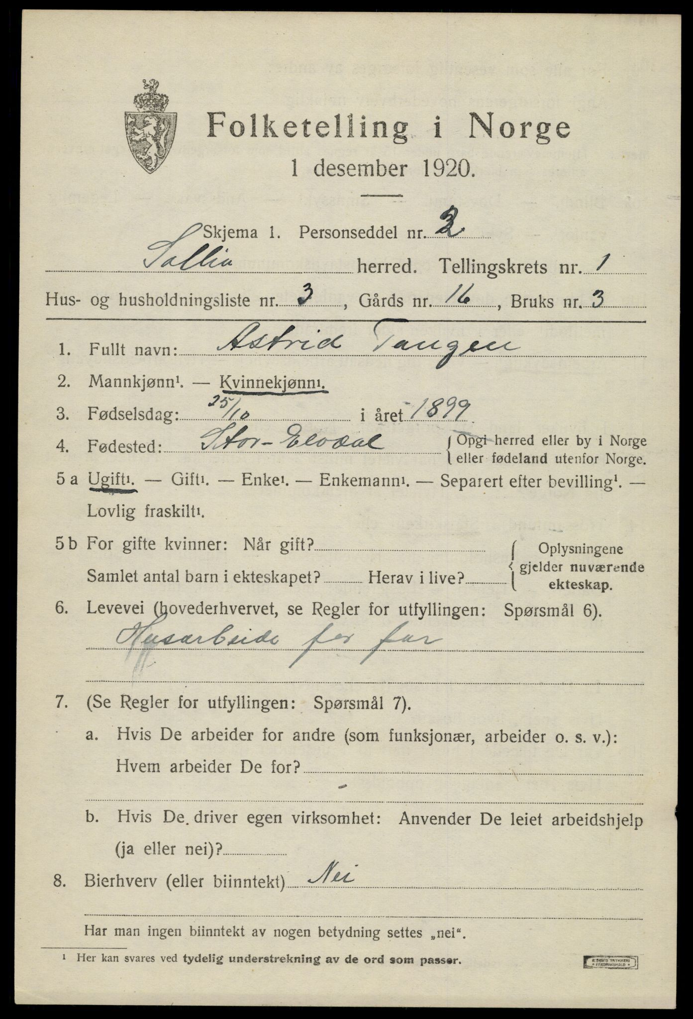 SAH, 1920 census for Sollia, 1920, p. 213