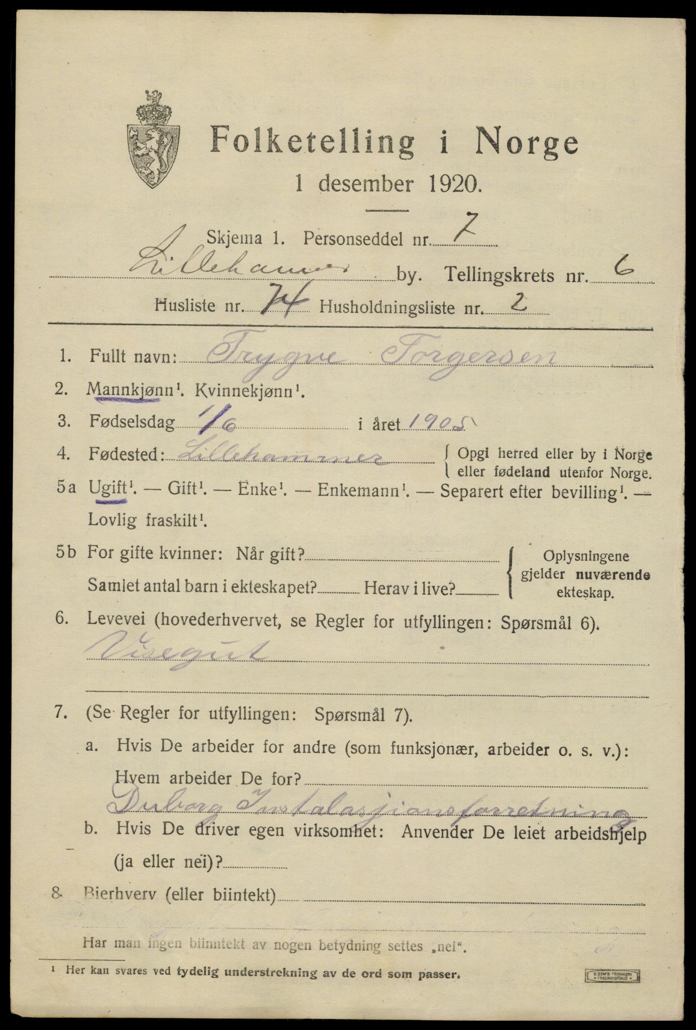 SAH, 1920 census for Lillehammer, 1920, p. 9408