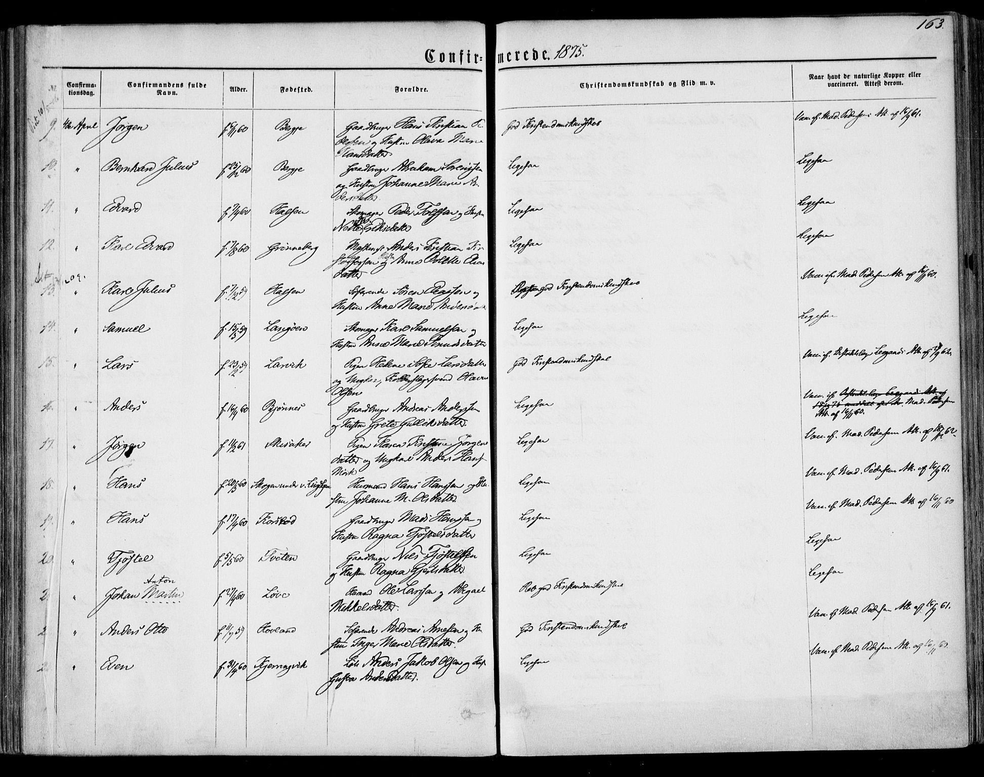 Tjølling kirkebøker, SAKO/A-60/F/Fa/L0007: Parish register (official) no. 7, 1860-1876, p. 163