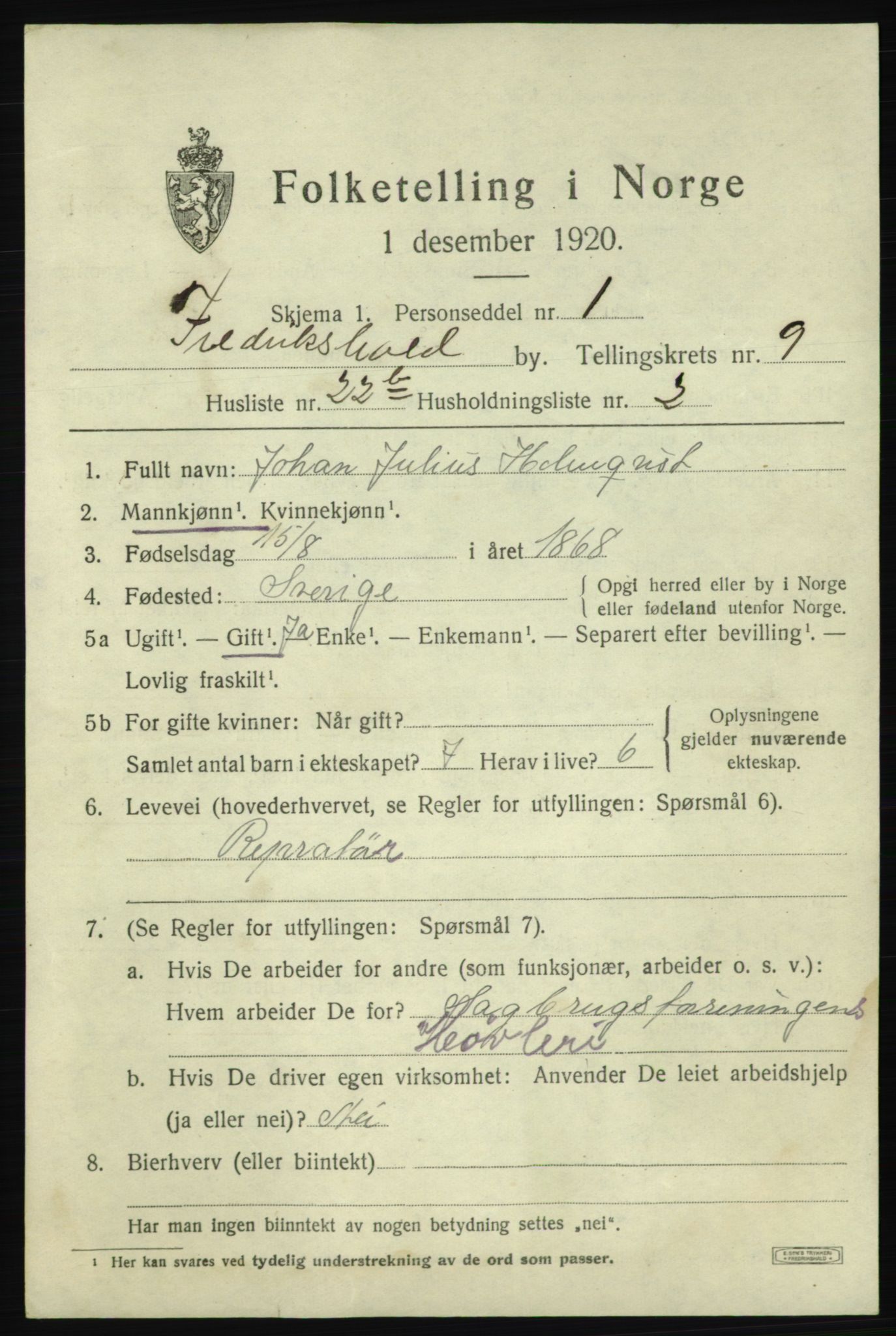 SAO, 1920 census for Fredrikshald, 1920, p. 16245