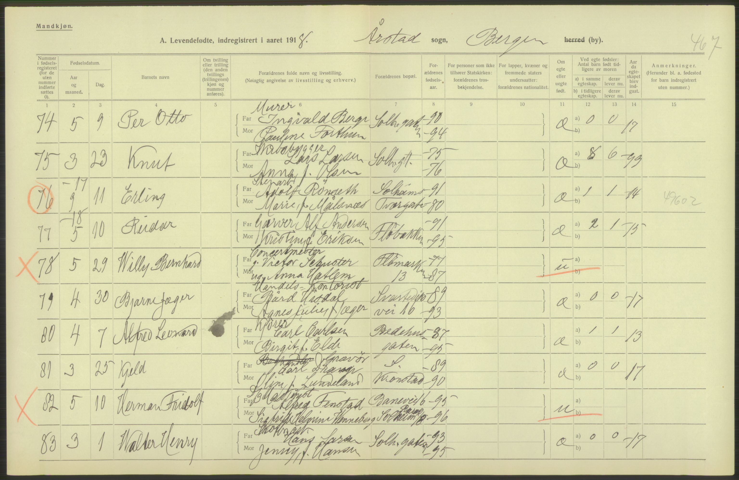 Statistisk sentralbyrå, Sosiodemografiske emner, Befolkning, AV/RA-S-2228/D/Df/Dfb/Dfbh/L0037: Bergen: Levendefødte menn og kvinner., 1918, p. 182