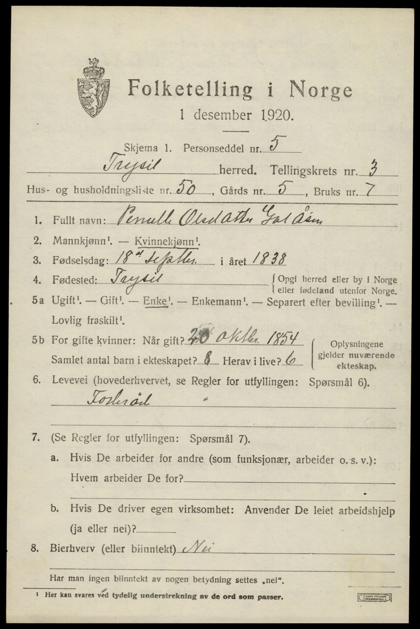 SAH, 1920 census for Trysil, 1920, p. 4073