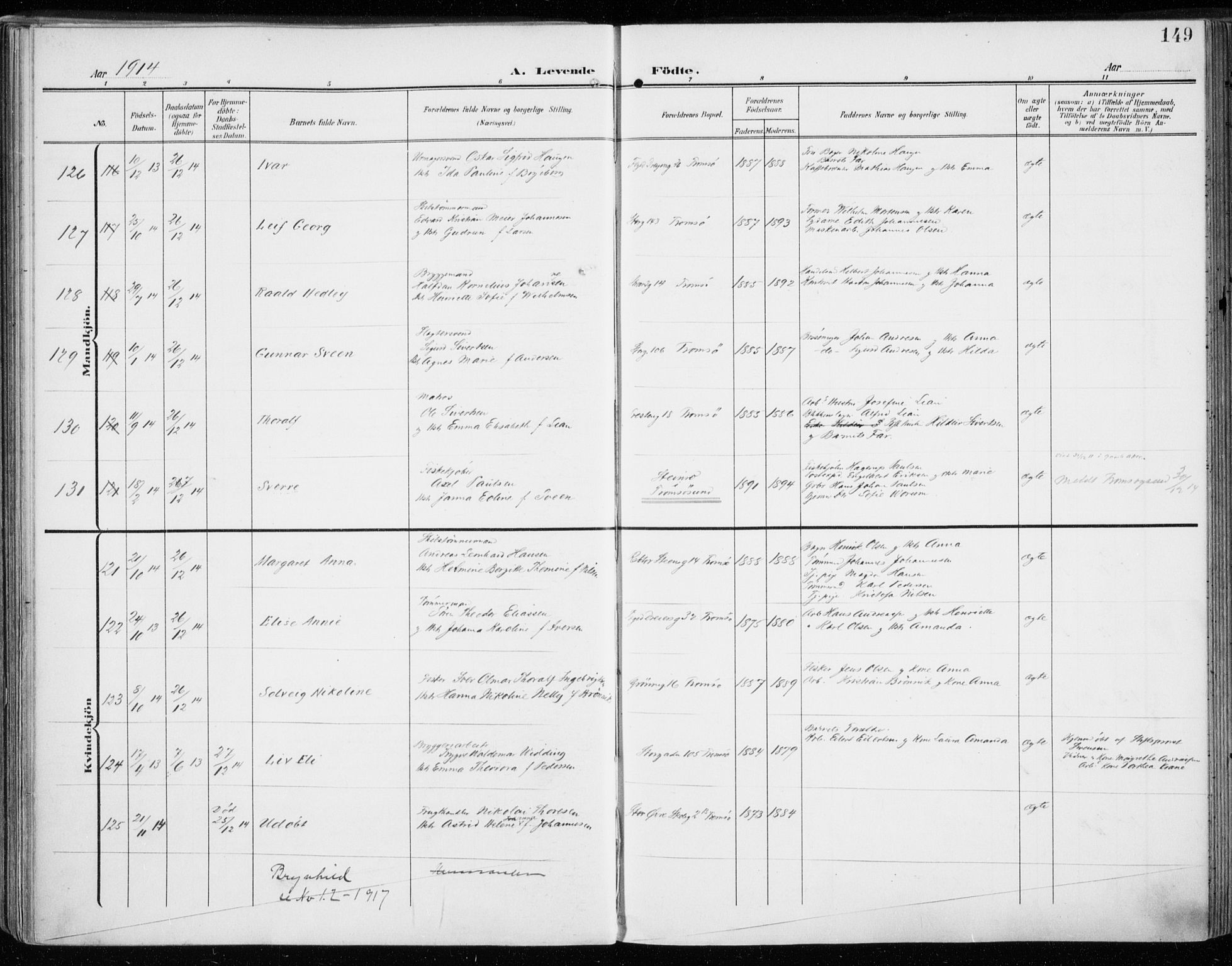 Tromsø sokneprestkontor/stiftsprosti/domprosti, SATØ/S-1343/G/Ga/L0017kirke: Parish register (official) no. 17, 1907-1917, p. 149