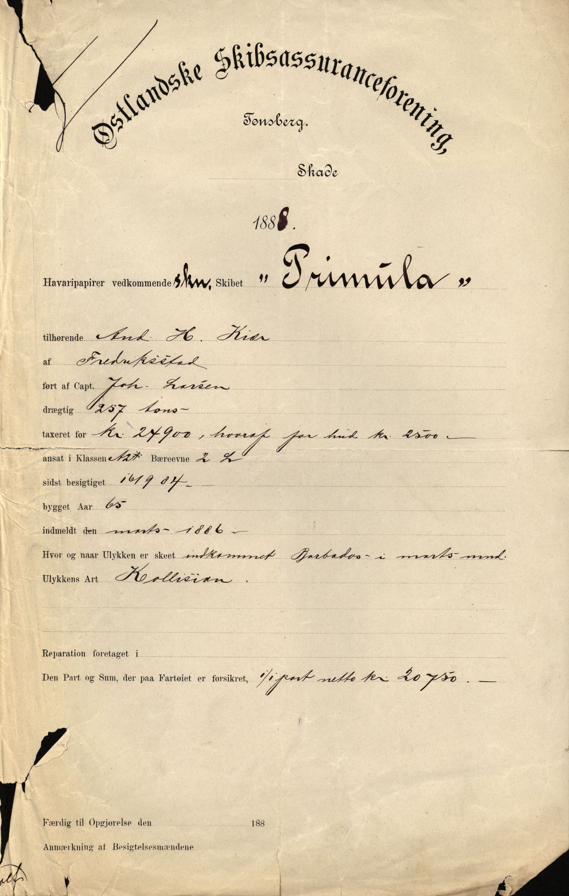 Pa 63 - Østlandske skibsassuranceforening, VEMU/A-1079/G/Ga/L0021/0003: Havaridokumenter / Inga av Drammen, Inga av Sandefjord, Primula, 1888-1889, p. 41