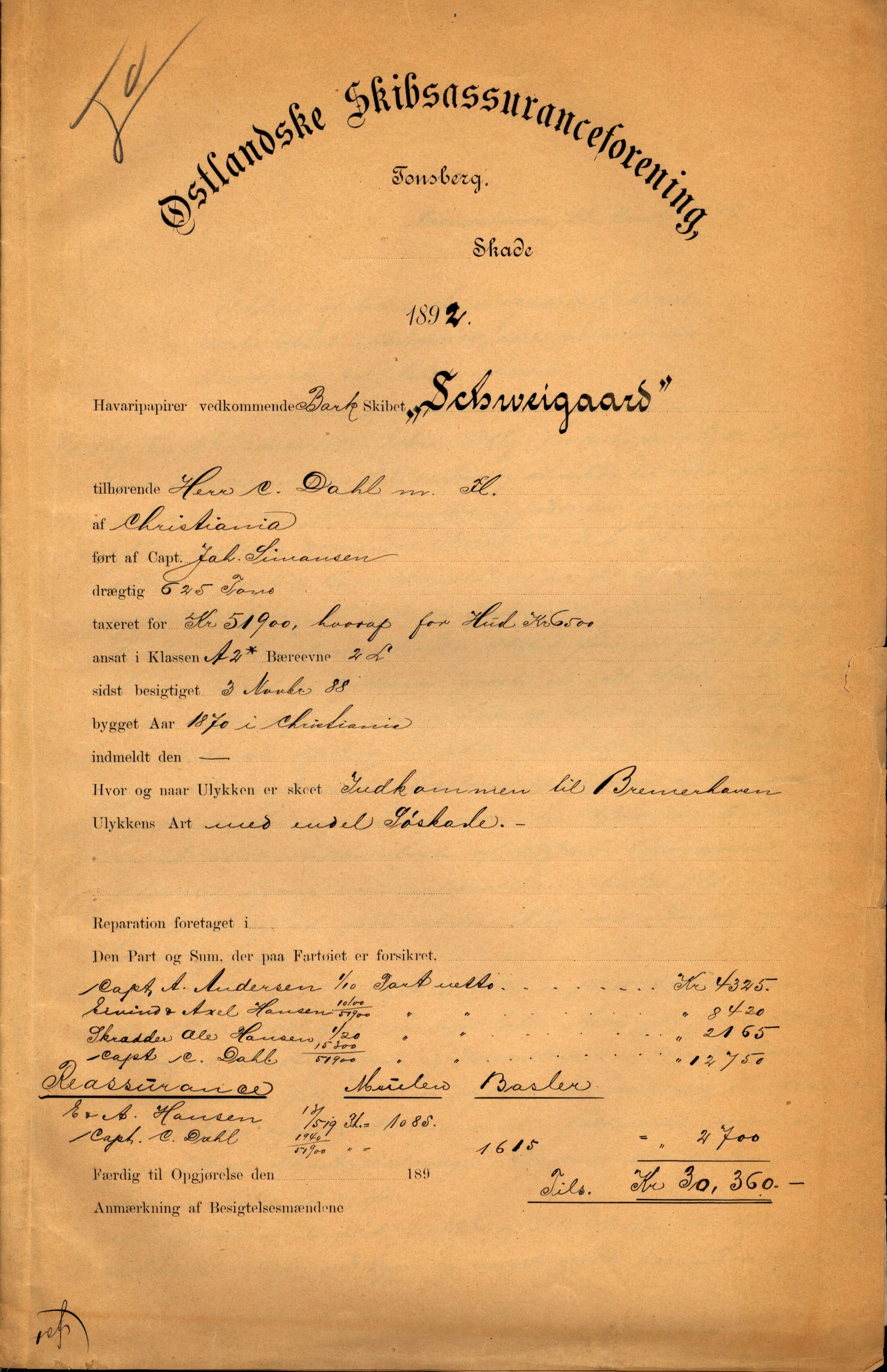 Pa 63 - Østlandske skibsassuranceforening, VEMU/A-1079/G/Ga/L0029/0004: Havaridokumenter / Schweigaard, Tobine, Vaar, Rothesay, Prout, 1892