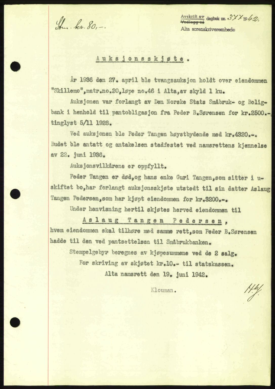 Alta fogderi/sorenskriveri, SATØ/SATØ-5/1/K/Kd/L0033pantebok: Mortgage book no. 33, 1940-1943, Diary no: : 377/1942