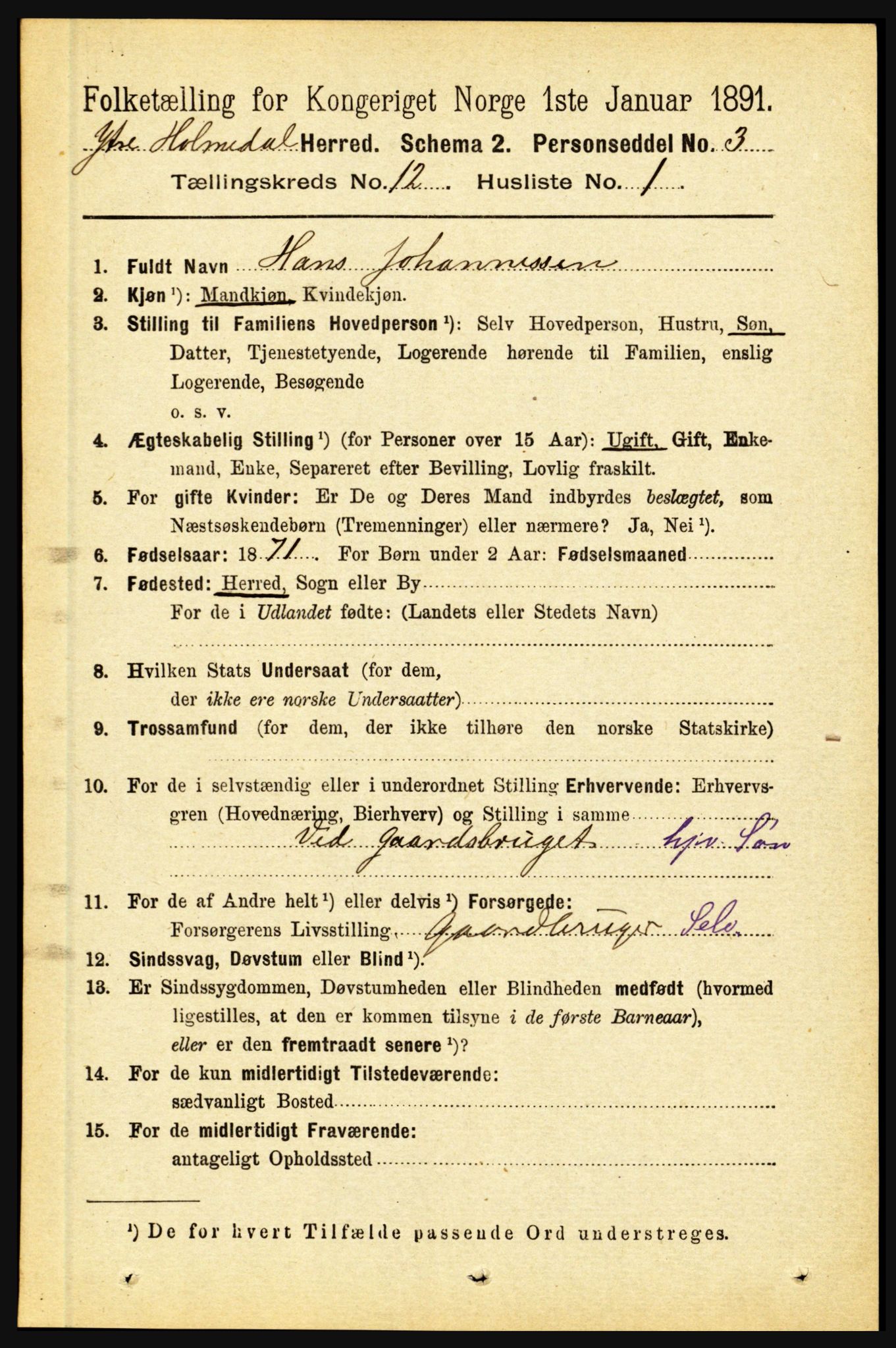 RA, 1891 census for 1429 Ytre Holmedal, 1891, p. 3180