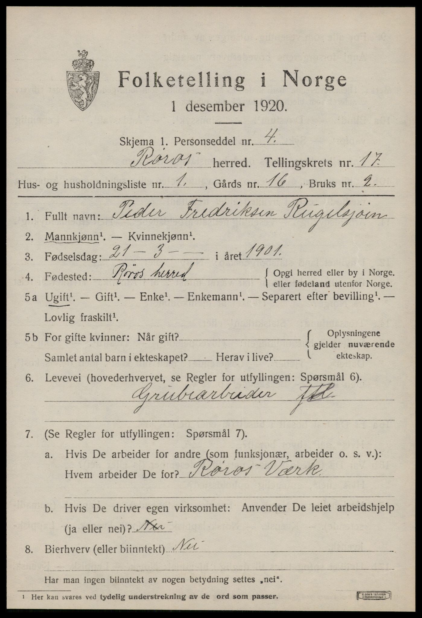 SAT, 1920 census for Røros, 1920, p. 11588