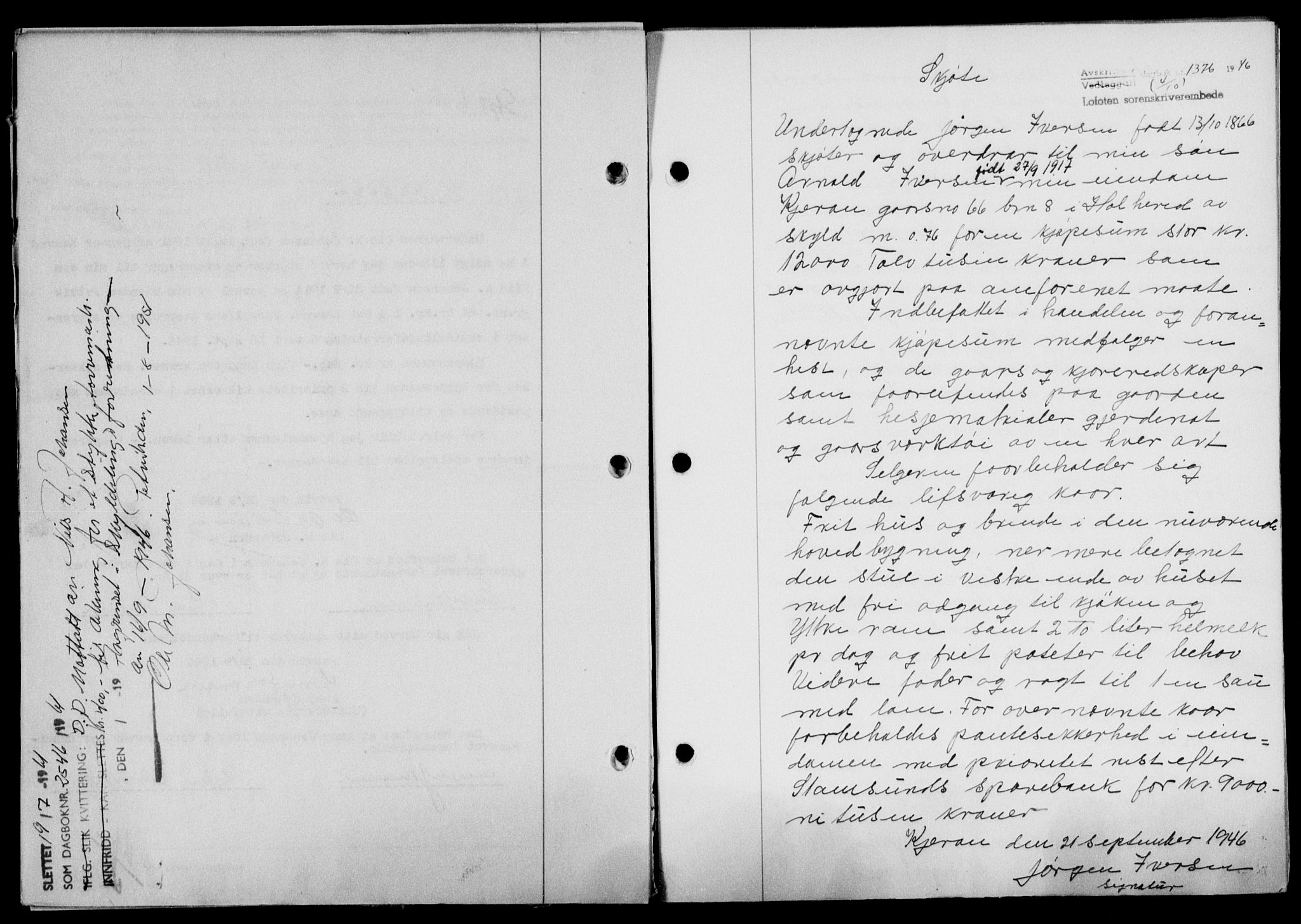 Lofoten sorenskriveri, SAT/A-0017/1/2/2C/L0014a: Mortgage book no. 14a, 1946-1946, Diary no: : 1376/1946