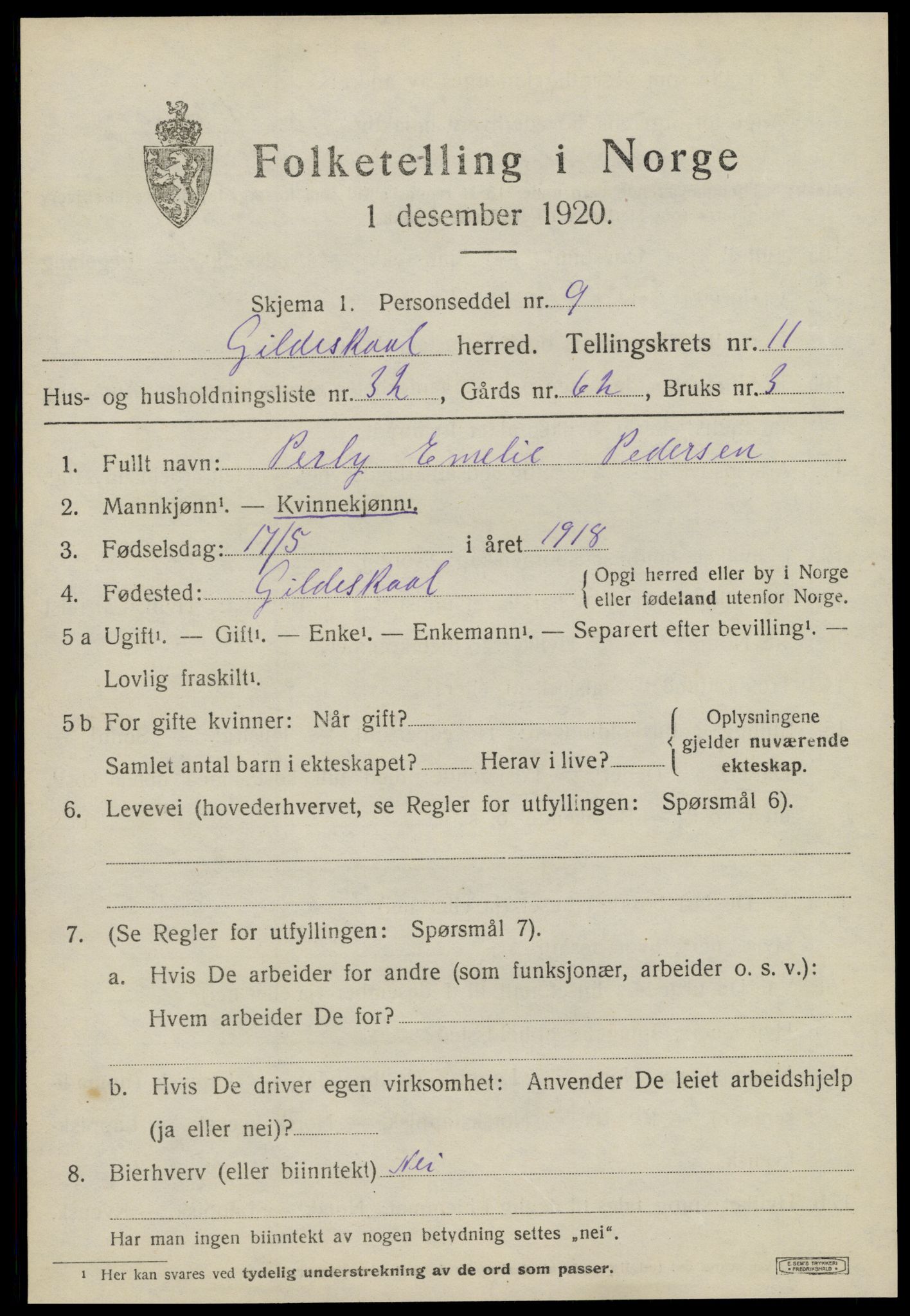 SAT, 1920 census for Gildeskål, 1920, p. 7222