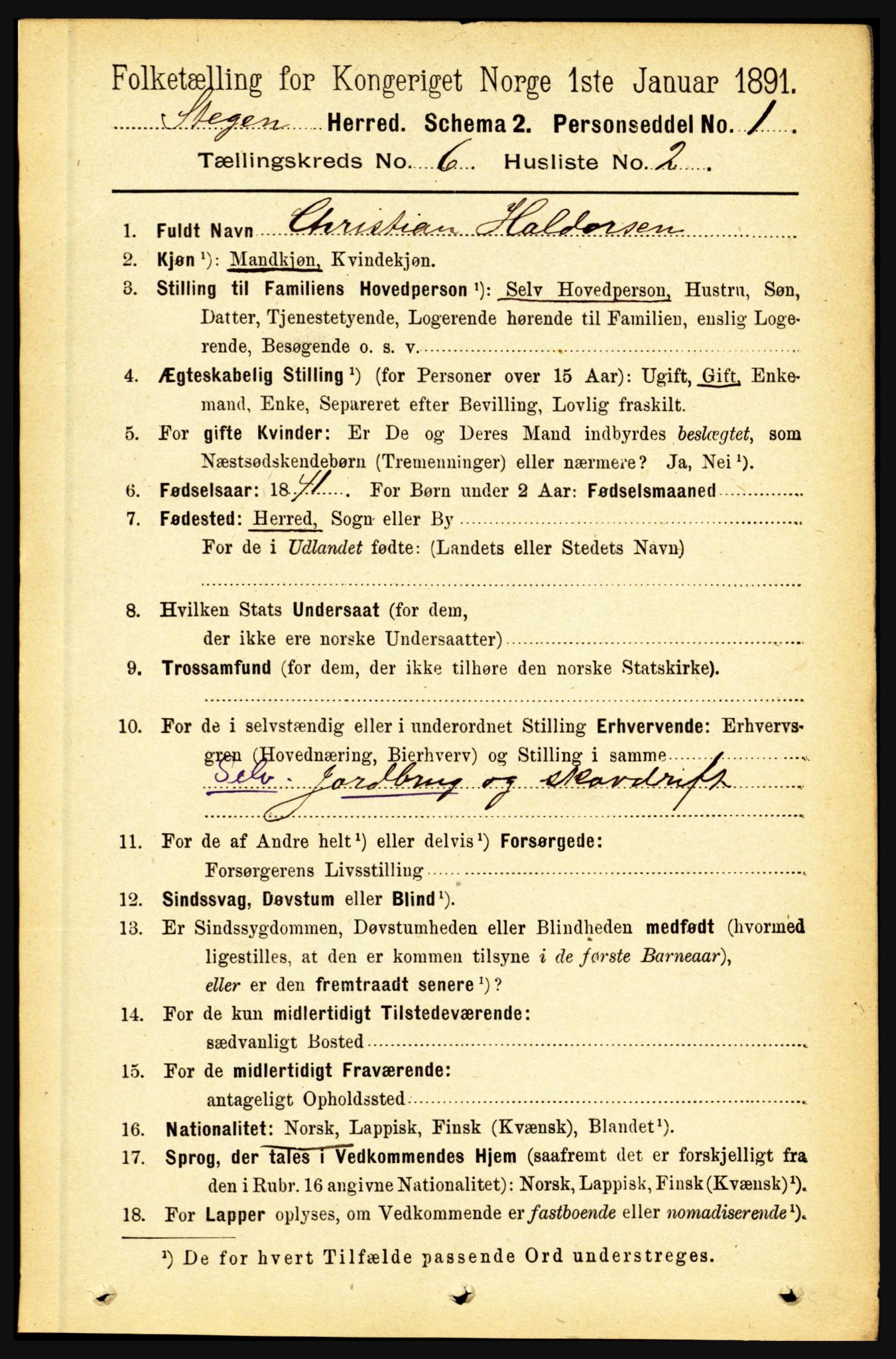 RA, 1891 census for 1848 Steigen, 1891, p. 2030