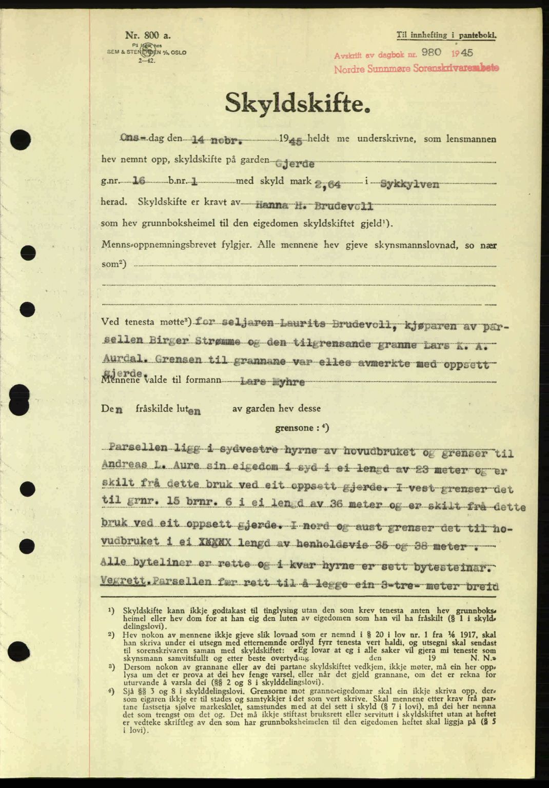 Nordre Sunnmøre sorenskriveri, AV/SAT-A-0006/1/2/2C/2Ca: Mortgage book no. A20a, 1945-1945, Diary no: : 980/1945