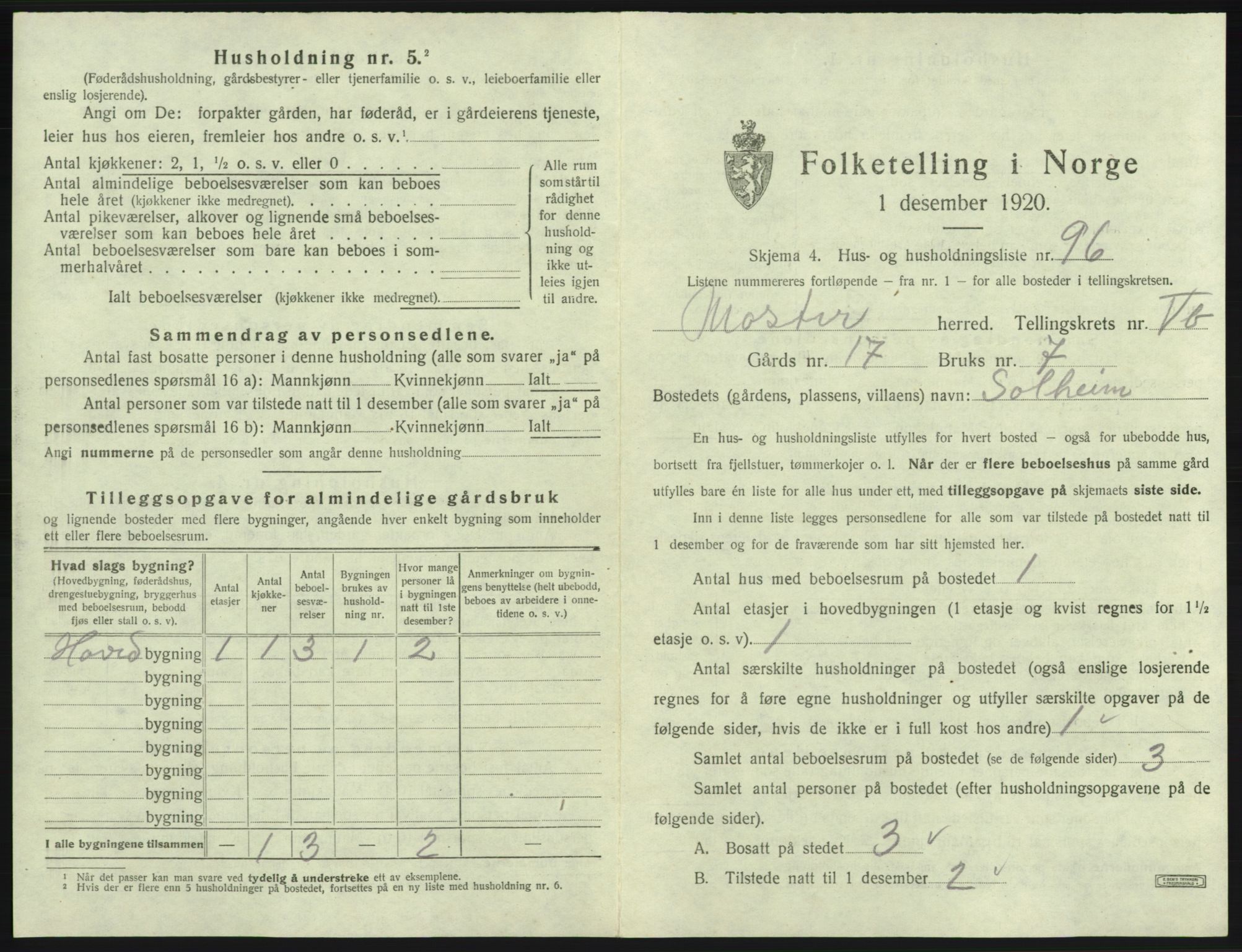 SAB, 1920 census for Moster, 1920, p. 461