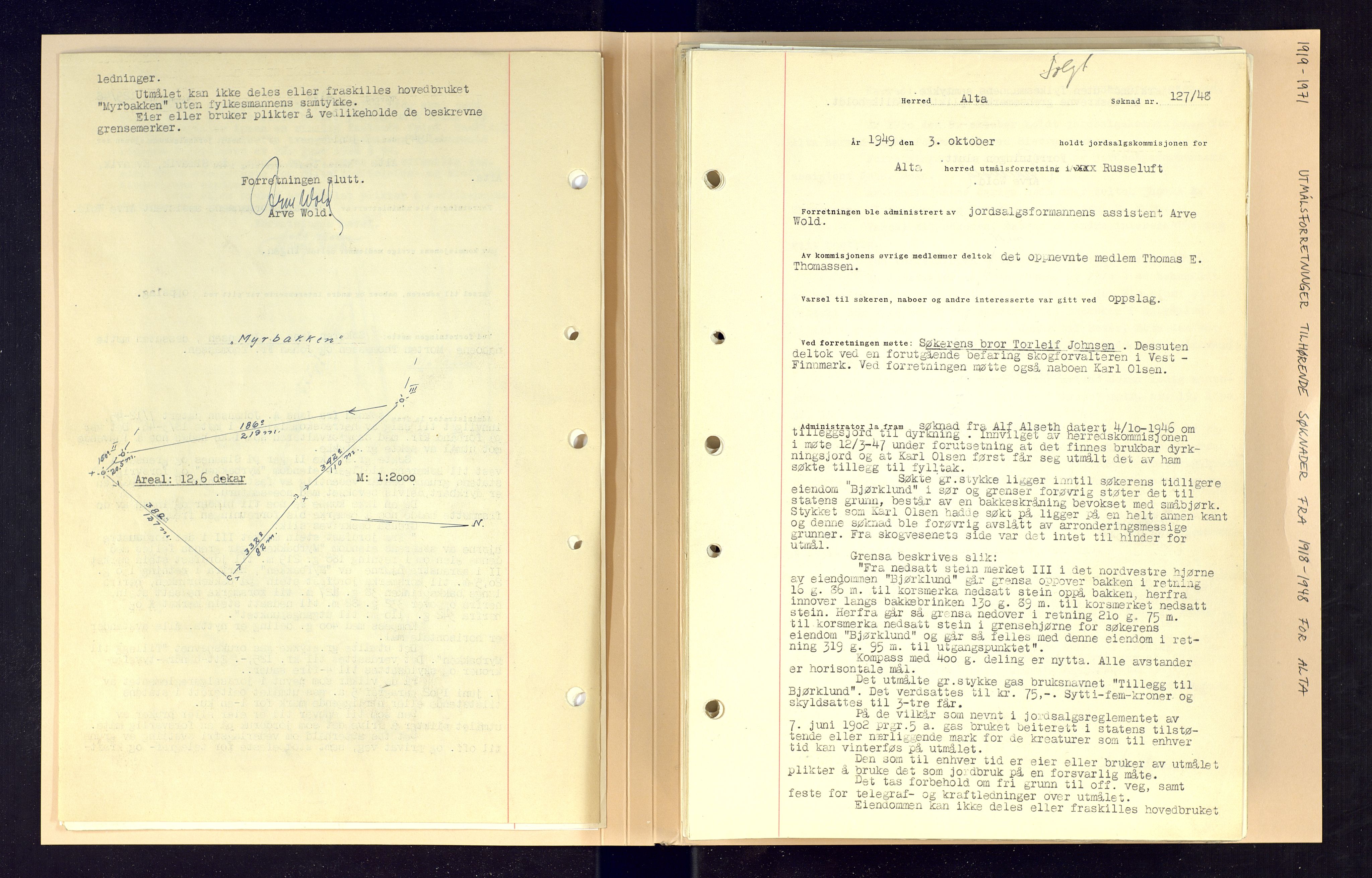 Finnmark jordsalgskommisjon/jordsalgskontor og Statskog SF Finnmark jordsalgskontor, AV/SATØ-S-1443/O/Oa/L0003: Utmålsforretninger i Alta, 1919-1981, p. 7