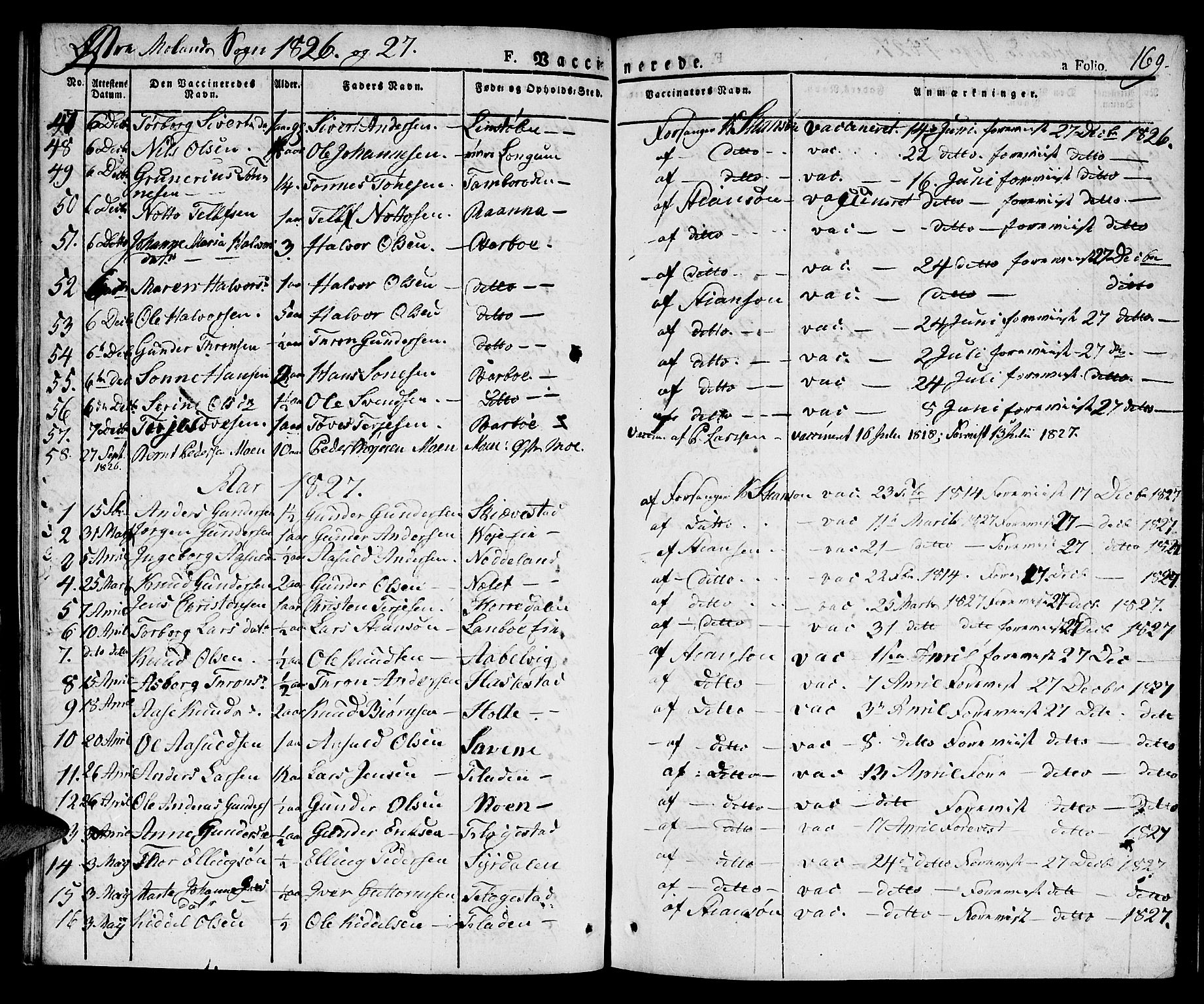 Austre Moland sokneprestkontor, SAK/1111-0001/F/Fa/Faa/L0005: Parish register (official) no. A 5, 1825-1837, p. 169