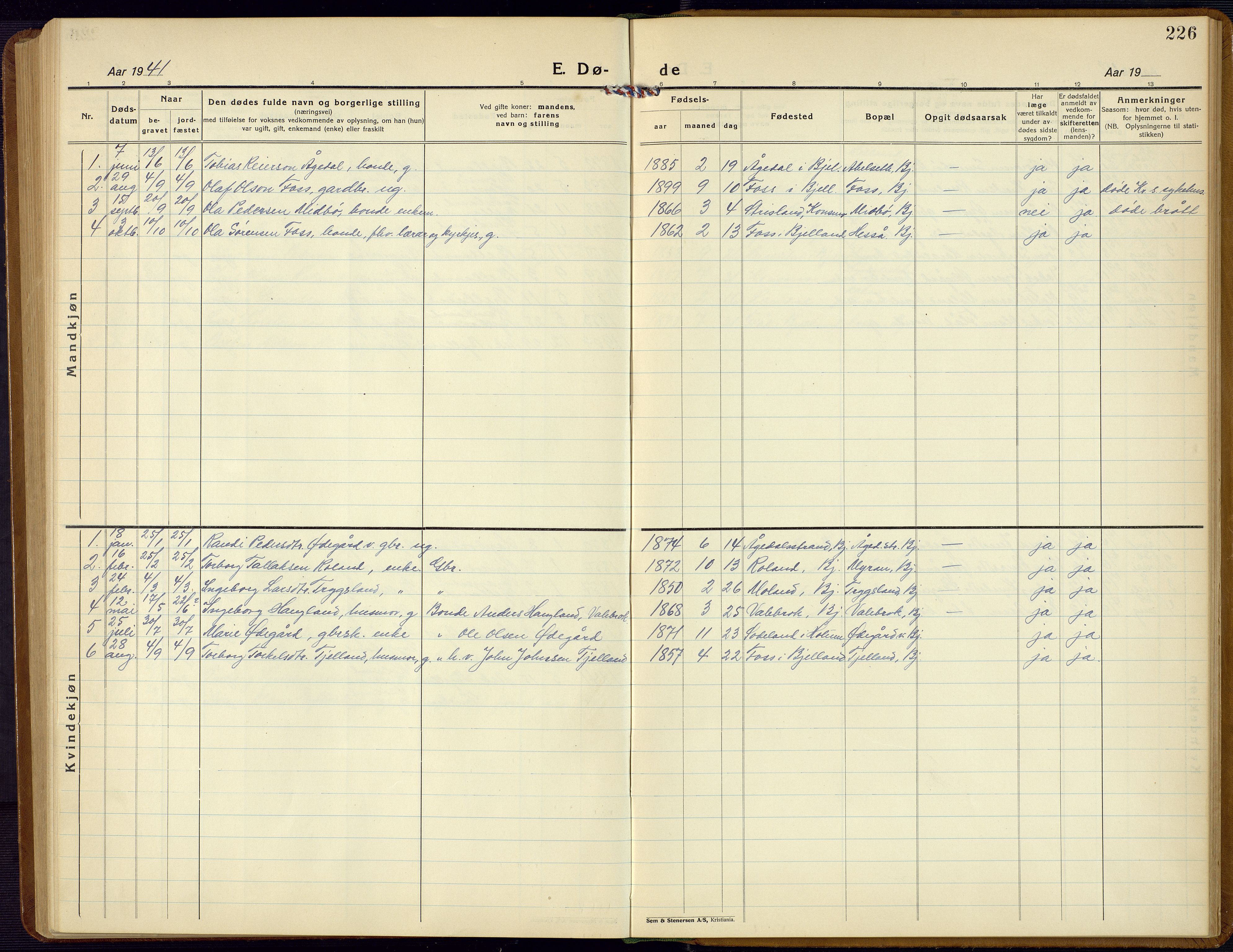 Bjelland sokneprestkontor, SAK/1111-0005/F/Fb/Fba/L0006: Parish register (copy) no. B 6, 1923-1956, p. 226