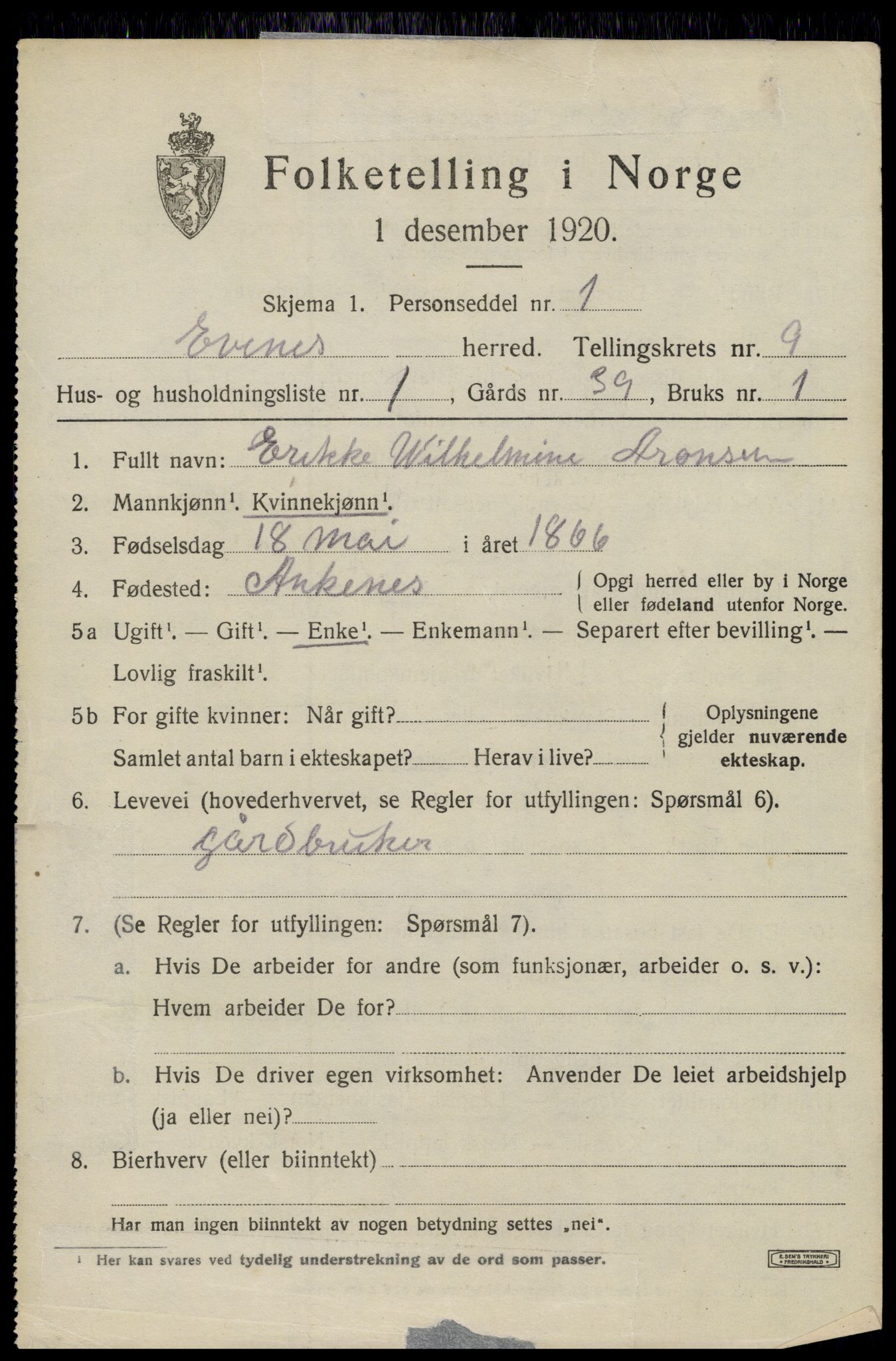 SAT, 1920 census for Evenes, 1920, p. 7038