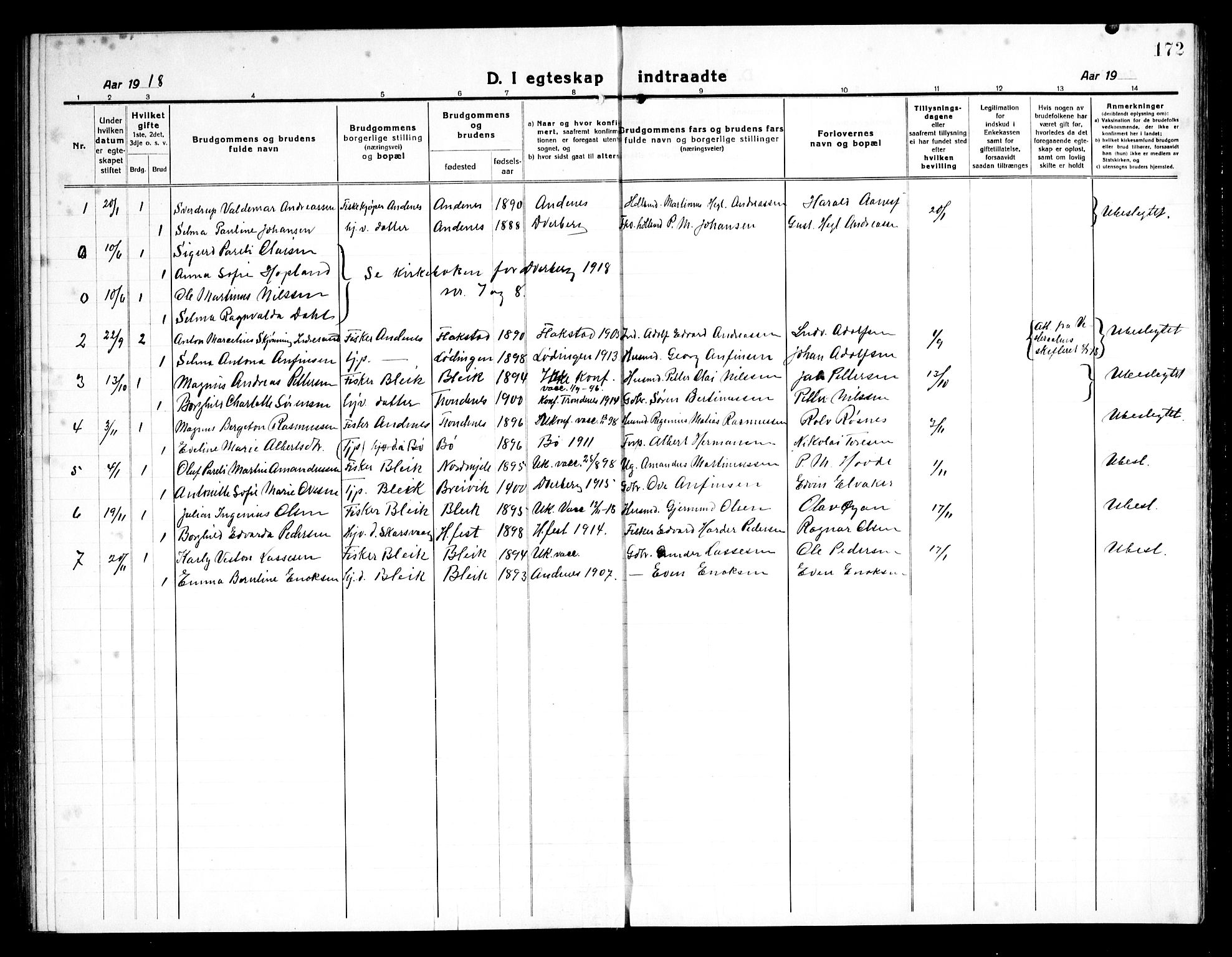 Ministerialprotokoller, klokkerbøker og fødselsregistre - Nordland, SAT/A-1459/899/L1450: Parish register (copy) no. 899C05, 1918-1945, p. 172