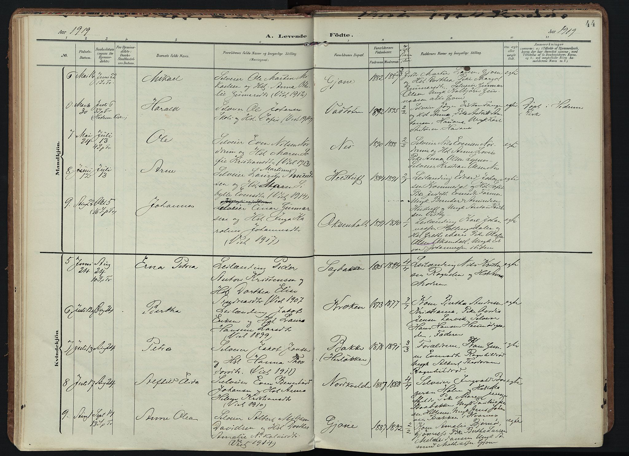 Hedrum kirkebøker, SAKO/A-344/F/Fb/L0002: Parish register (official) no. II 2, 1906-1924, p. 44