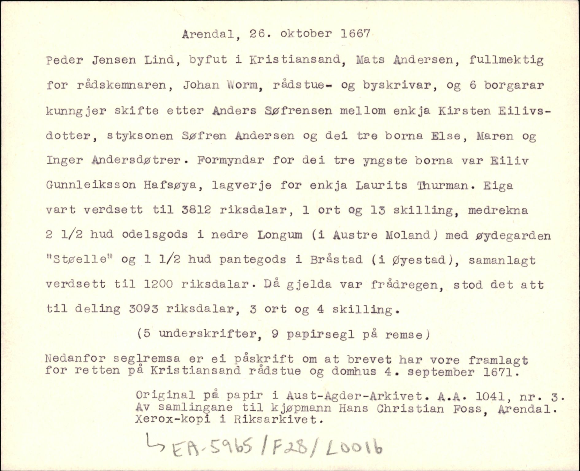 Riksarkivets diplomsamling, AV/RA-EA-5965/F35/F35d/L0005: Innlånte diplomer, seddelregister, 1661-1690, p. 155