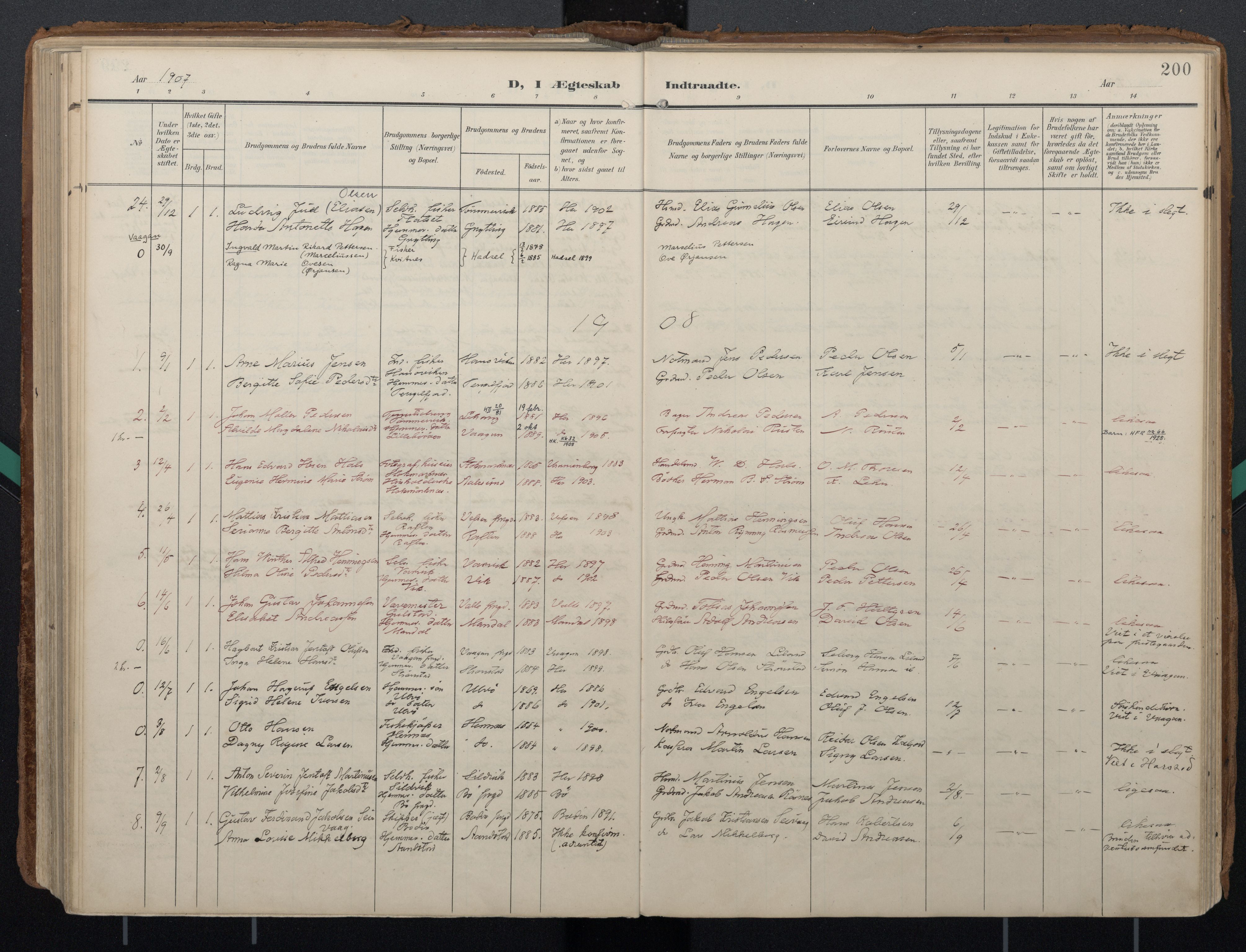 Ministerialprotokoller, klokkerbøker og fødselsregistre - Nordland, AV/SAT-A-1459/888/L1248: Parish register (official) no. 888A14, 1904-1913, p. 200