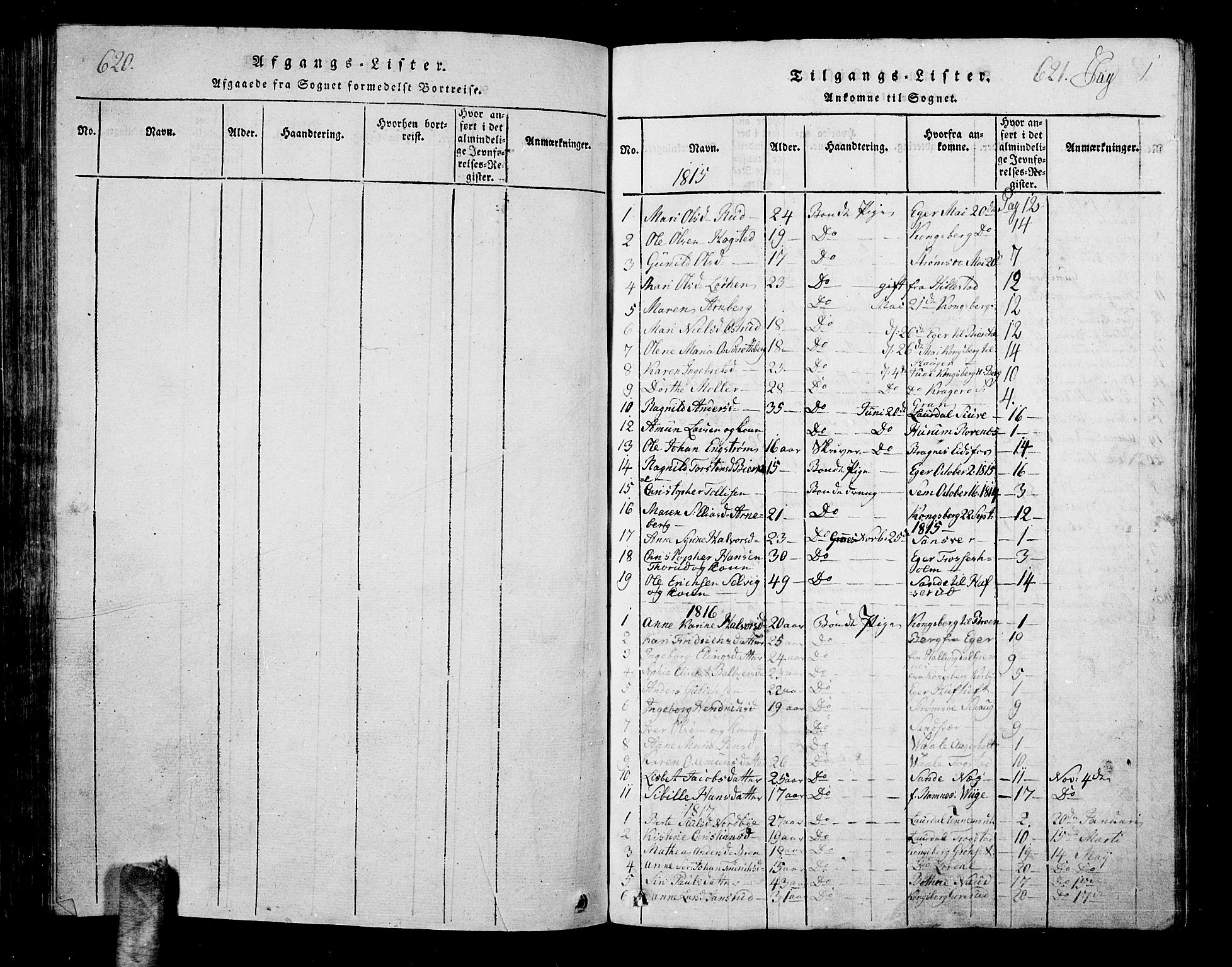 Hof kirkebøker, SAKO/A-64/G/Ga/L0001: Parish register (copy) no. I 1, 1814-1844, p. 620-621