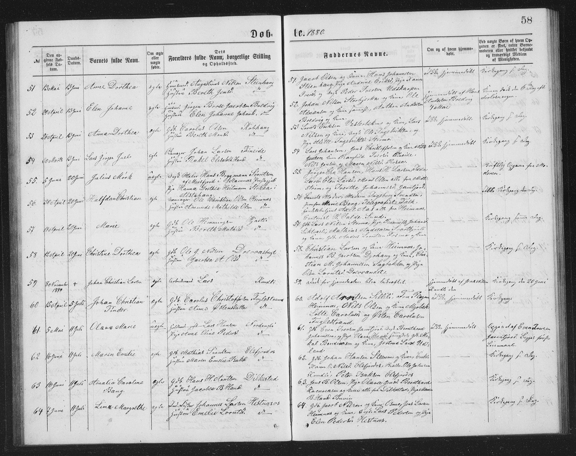 Ministerialprotokoller, klokkerbøker og fødselsregistre - Nordland, SAT/A-1459/825/L0369: Parish register (copy) no. 825C06, 1873-1885, p. 58