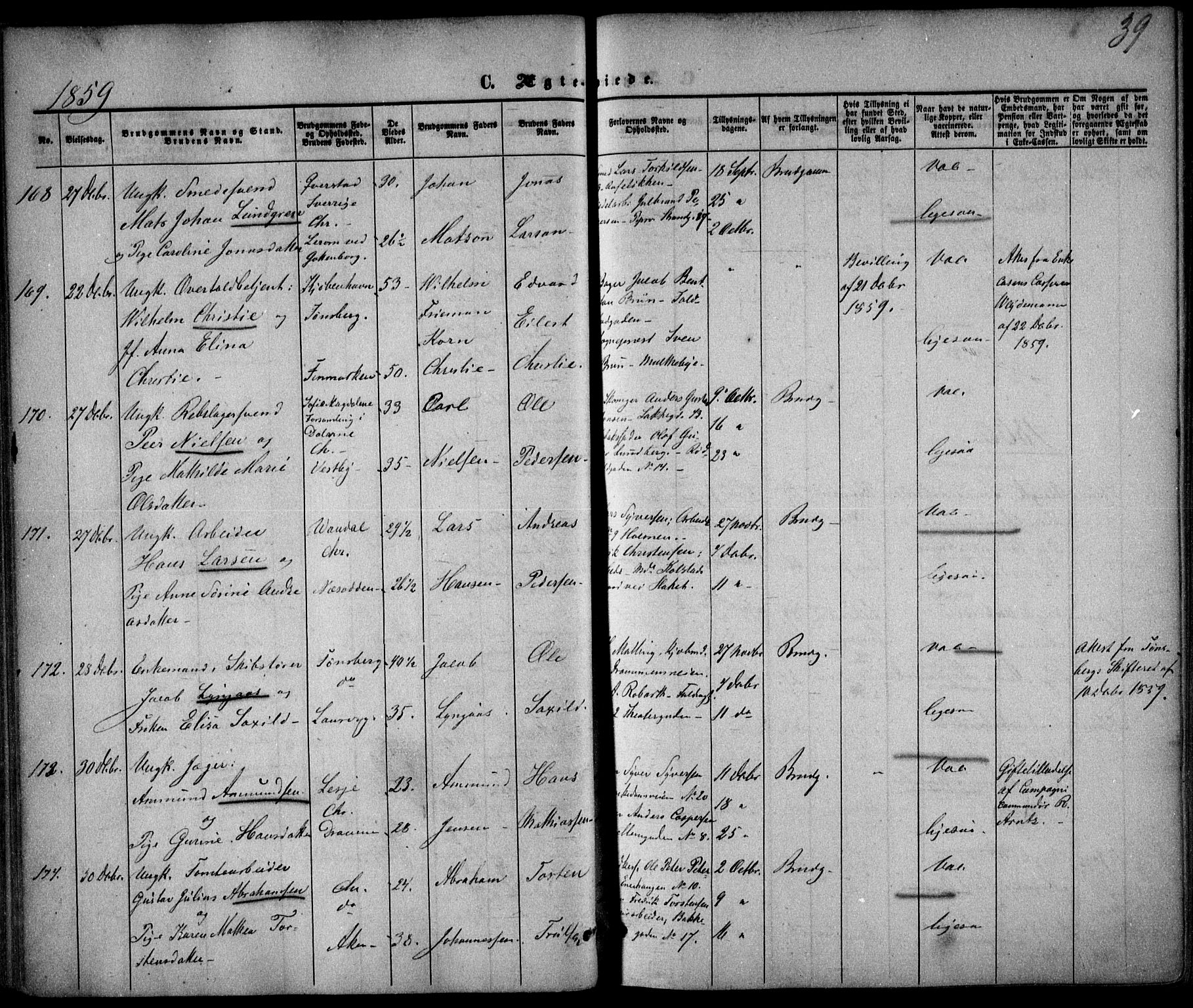 Trefoldighet prestekontor Kirkebøker, AV/SAO-A-10882/F/Fc/L0001: Parish register (official) no. III 1, 1858-1874, p. 39