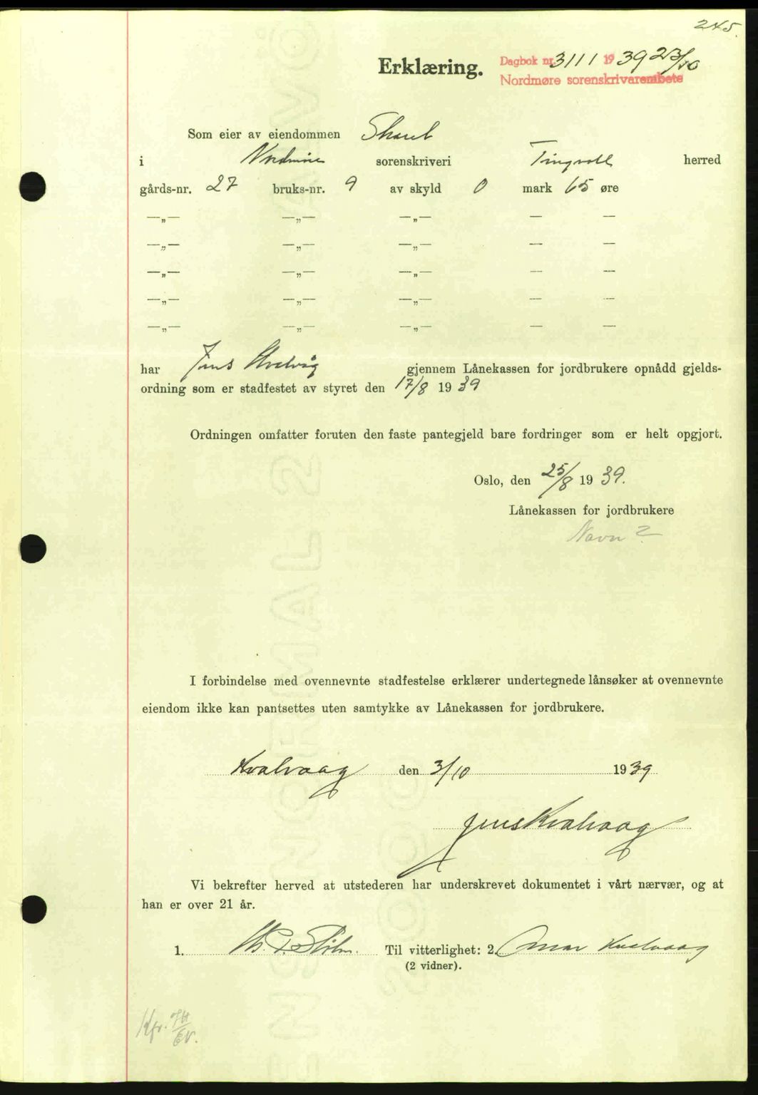 Nordmøre sorenskriveri, AV/SAT-A-4132/1/2/2Ca: Mortgage book no. B86, 1939-1940, Diary no: : 3111/1939