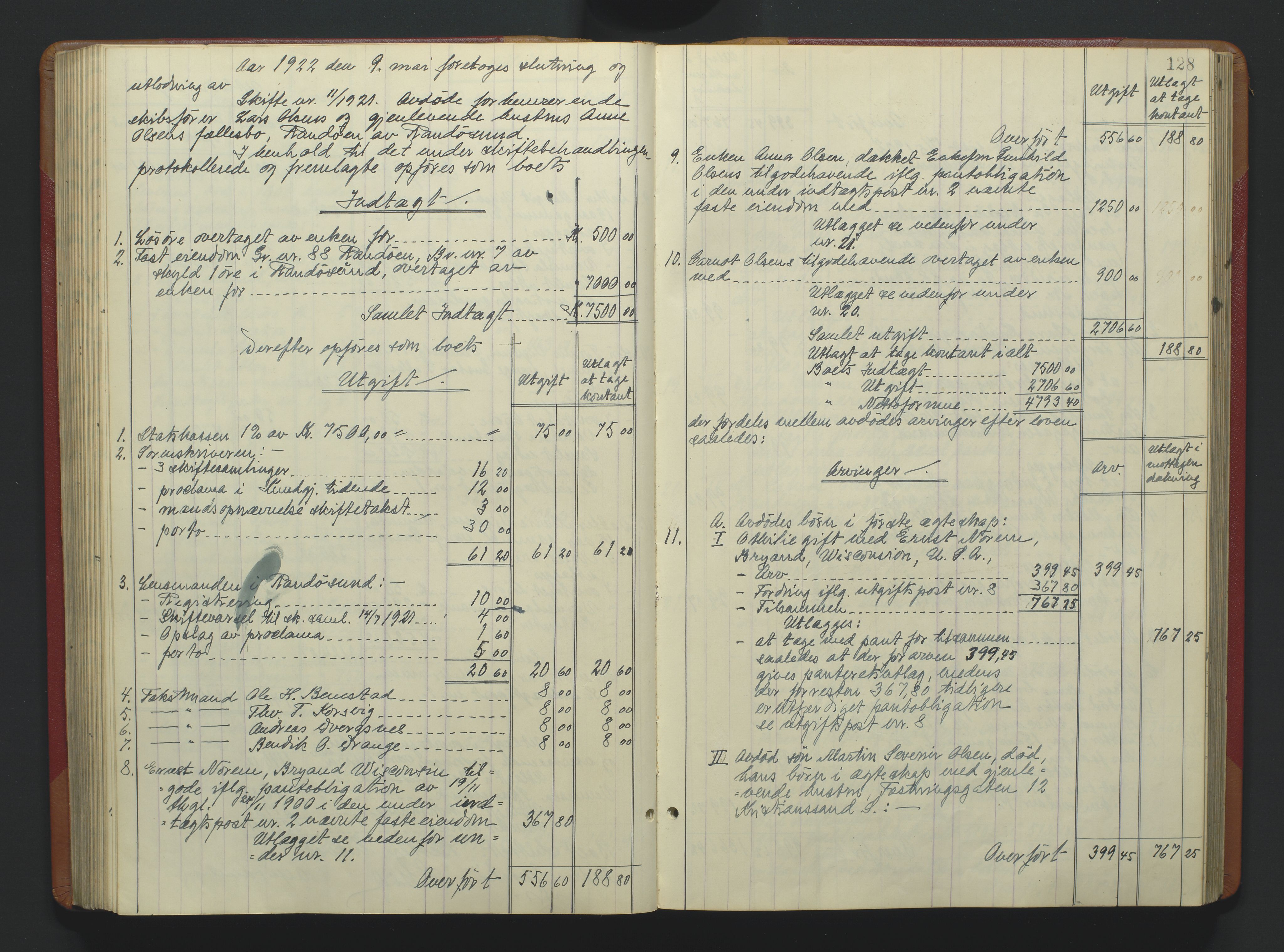 Torridal sorenskriveri, AV/SAK-1221-0012/H/Hc/L0037: Skifteutlodningsprotokoll med navneregister nr. 6, 1918-1927, p. 128