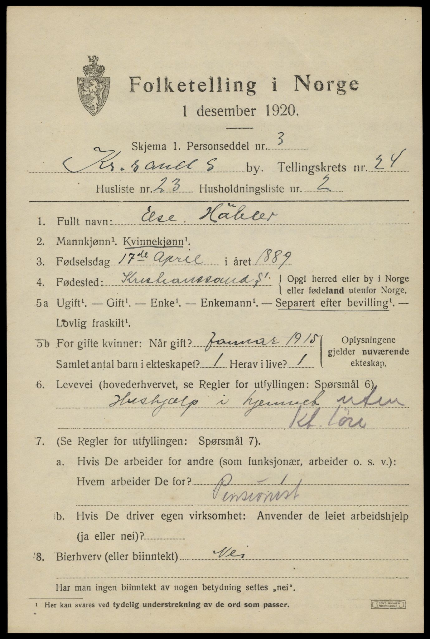 SAK, 1920 census for Kristiansand, 1920, p. 42627