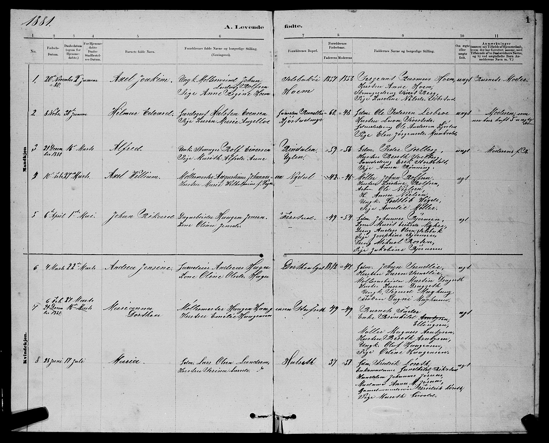 Ministerialprotokoller, klokkerbøker og fødselsregistre - Sør-Trøndelag, SAT/A-1456/611/L0354: Parish register (copy) no. 611C02, 1881-1896, p. 1