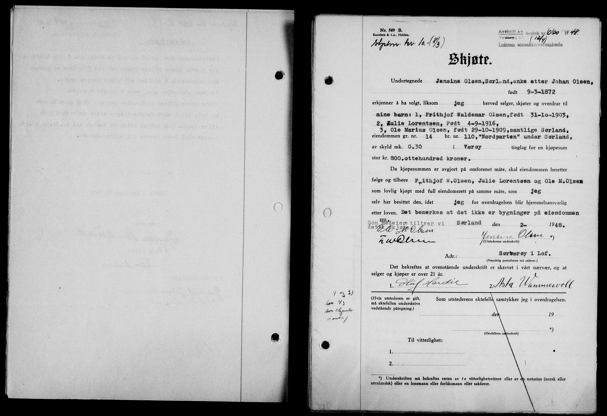 Lofoten sorenskriveri, SAT/A-0017/1/2/2C/L0018a: Mortgage book no. 18a, 1948-1948, Diary no: : 660/1948