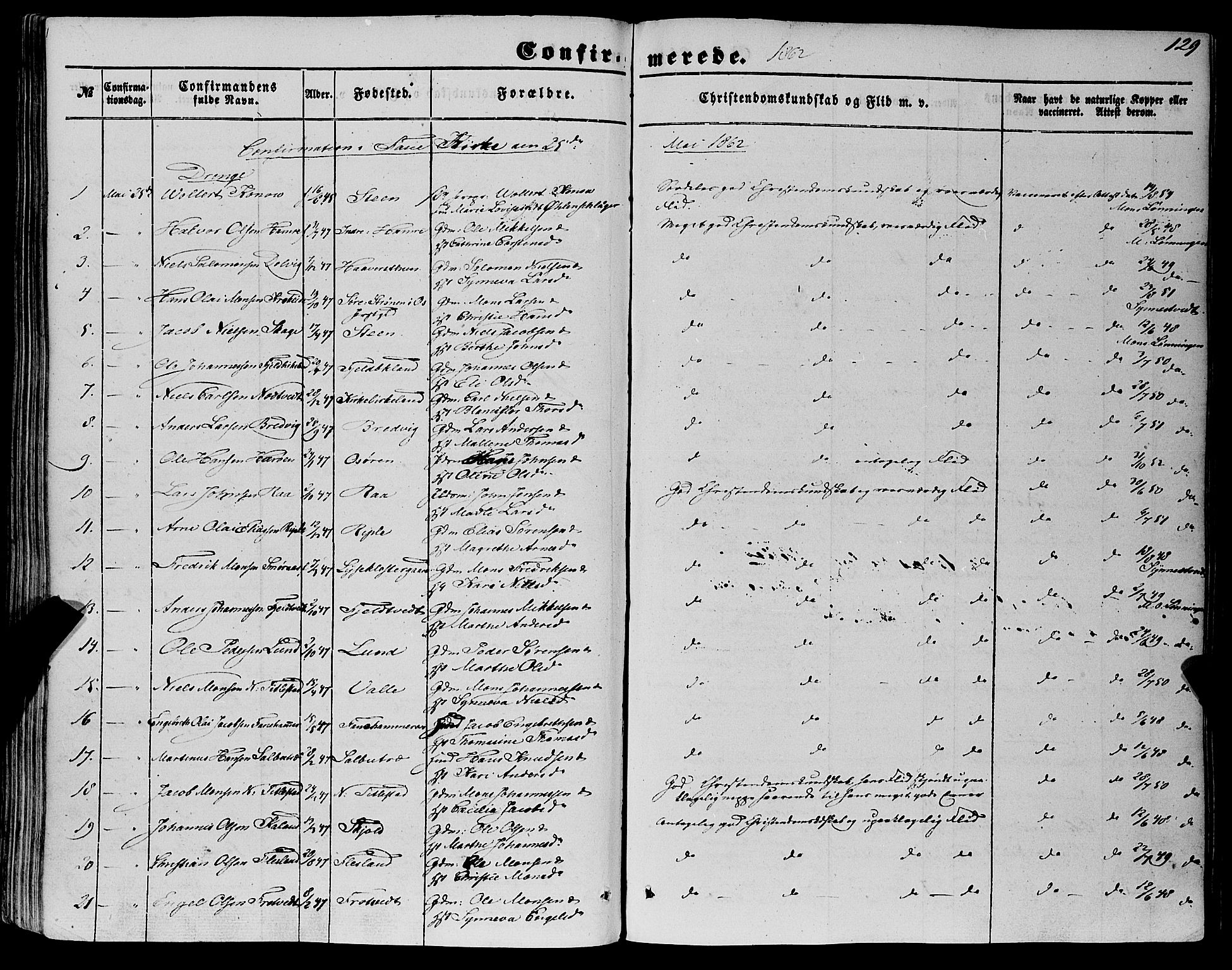 Fana Sokneprestembete, SAB/A-75101/H/Haa/Haaa/L0011: Parish register (official) no. A 11, 1851-1862, p. 129