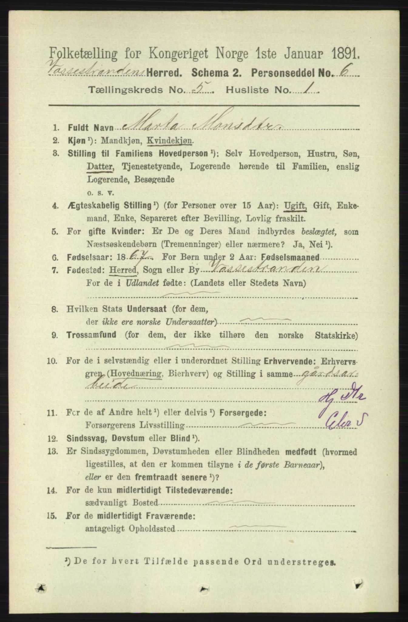 RA, 1891 census for 1236 Vossestrand, 1891, p. 1901