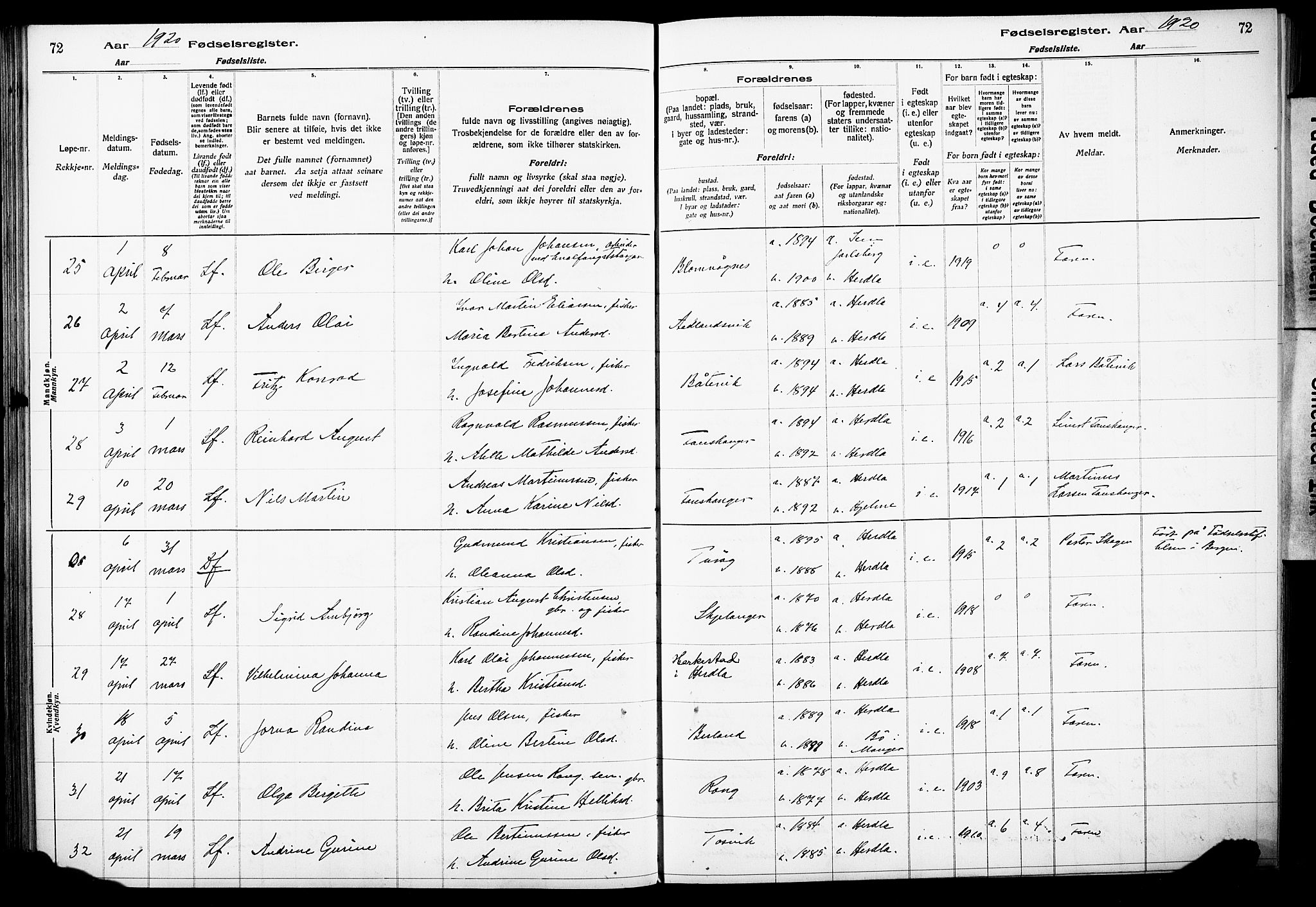 Herdla Sokneprestembete, AV/SAB-A-75701/I/Id/L00A1: Birth register no. A 1, 1916-1929, p. 72