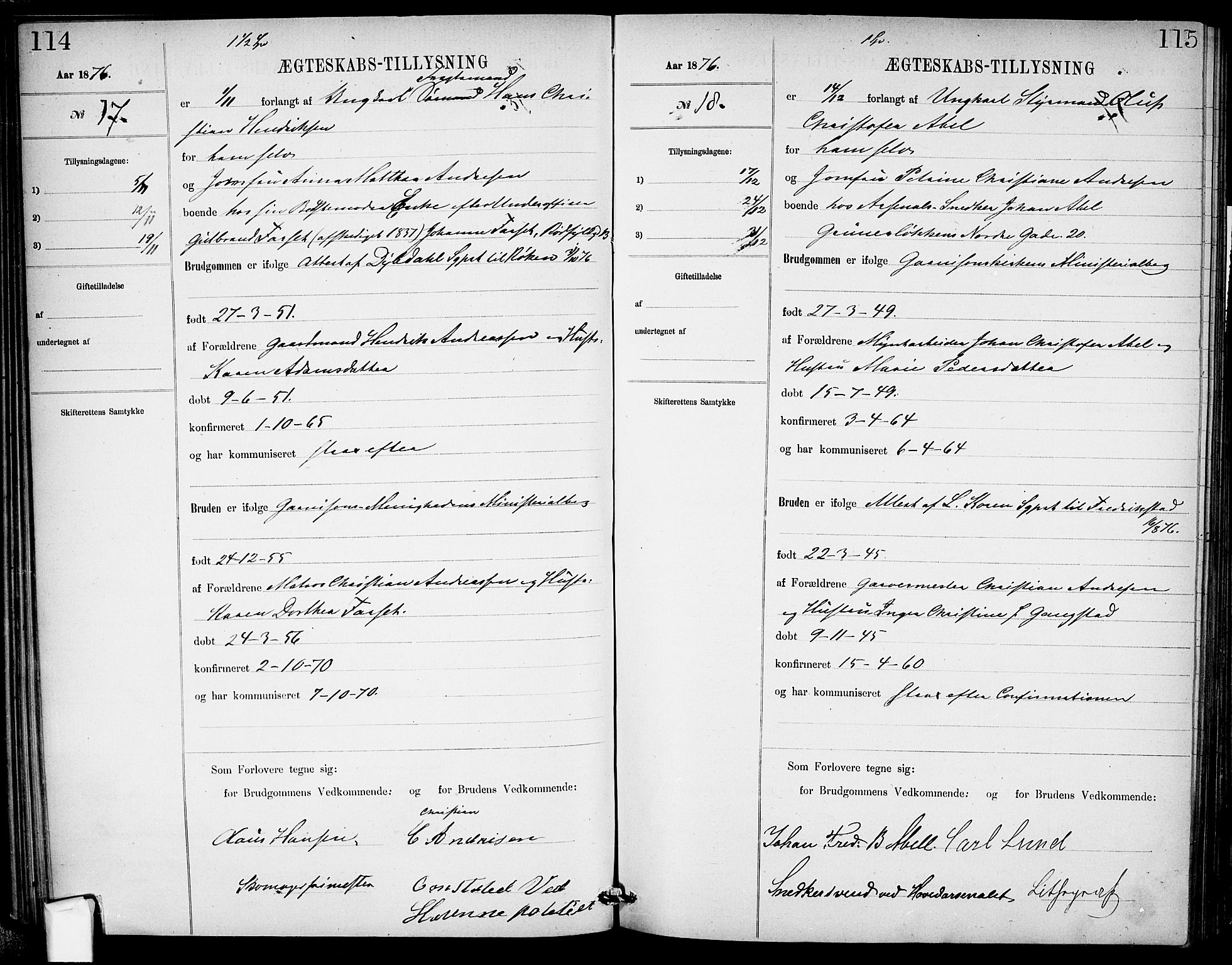 Garnisonsmenigheten Kirkebøker, AV/SAO-A-10846/H/Ha/L0007: Banns register no. I 7, 1872-1893, p. 114-115